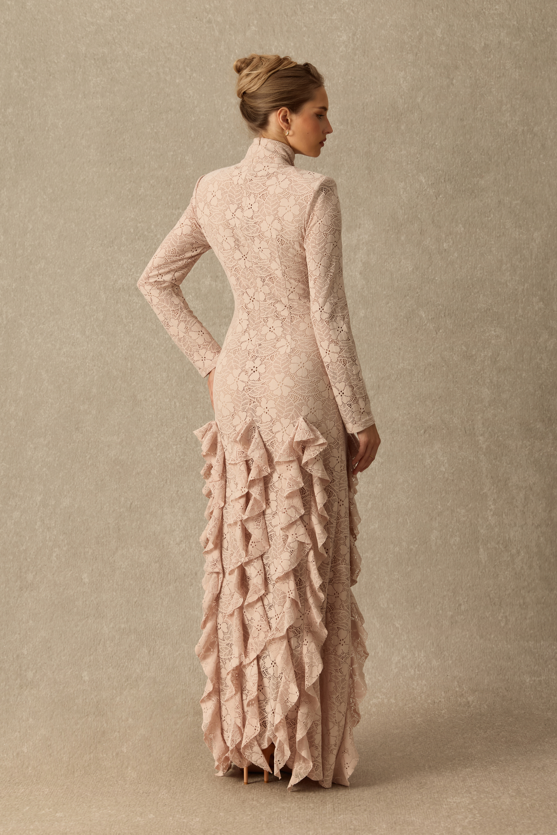 More Than Pretty Asymmetrical Ruffle Floral Lace Maxi Dress