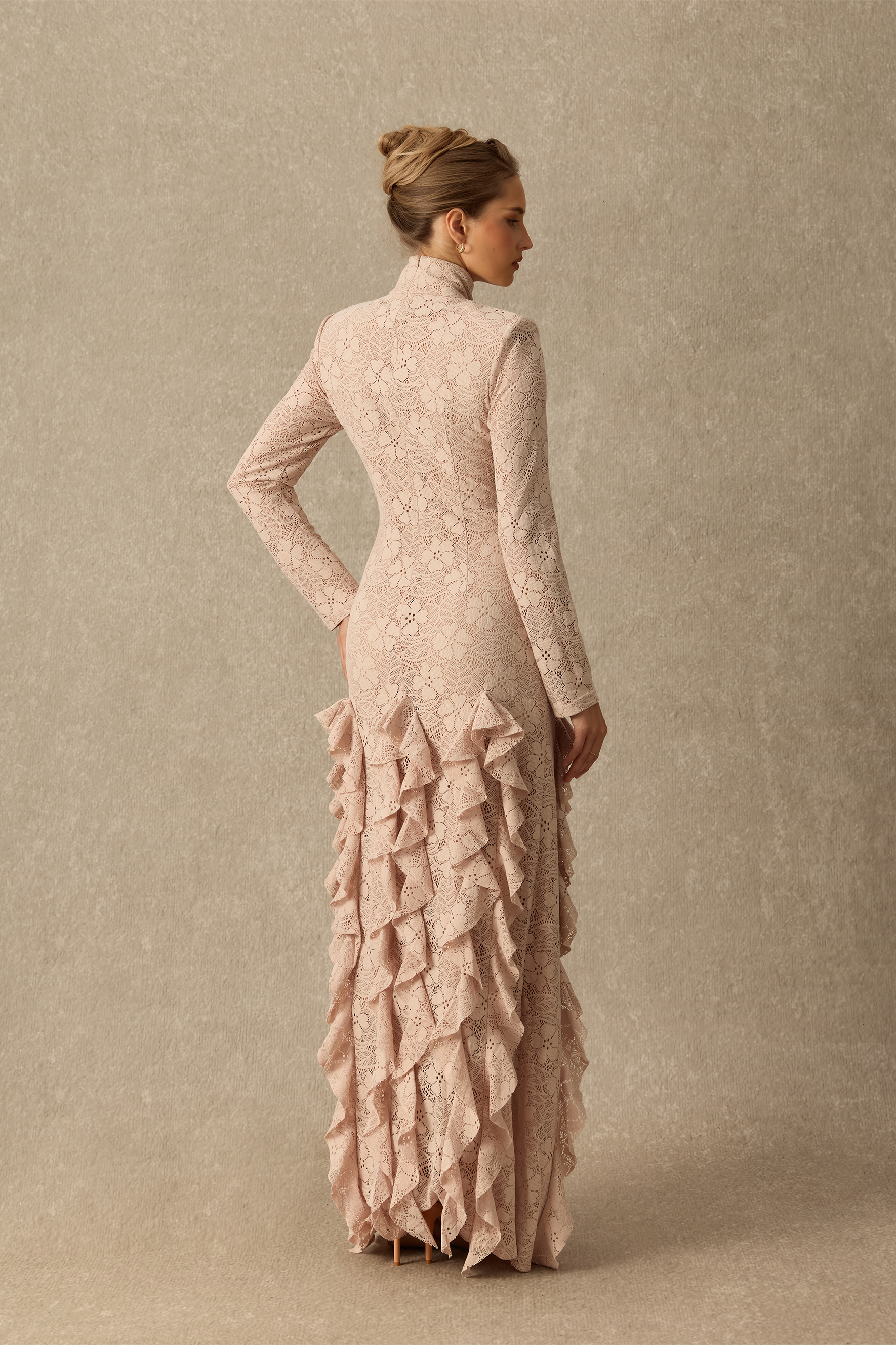 More Than Pretty Asymmetrical Ruffle Floral Lace Maxi Dress