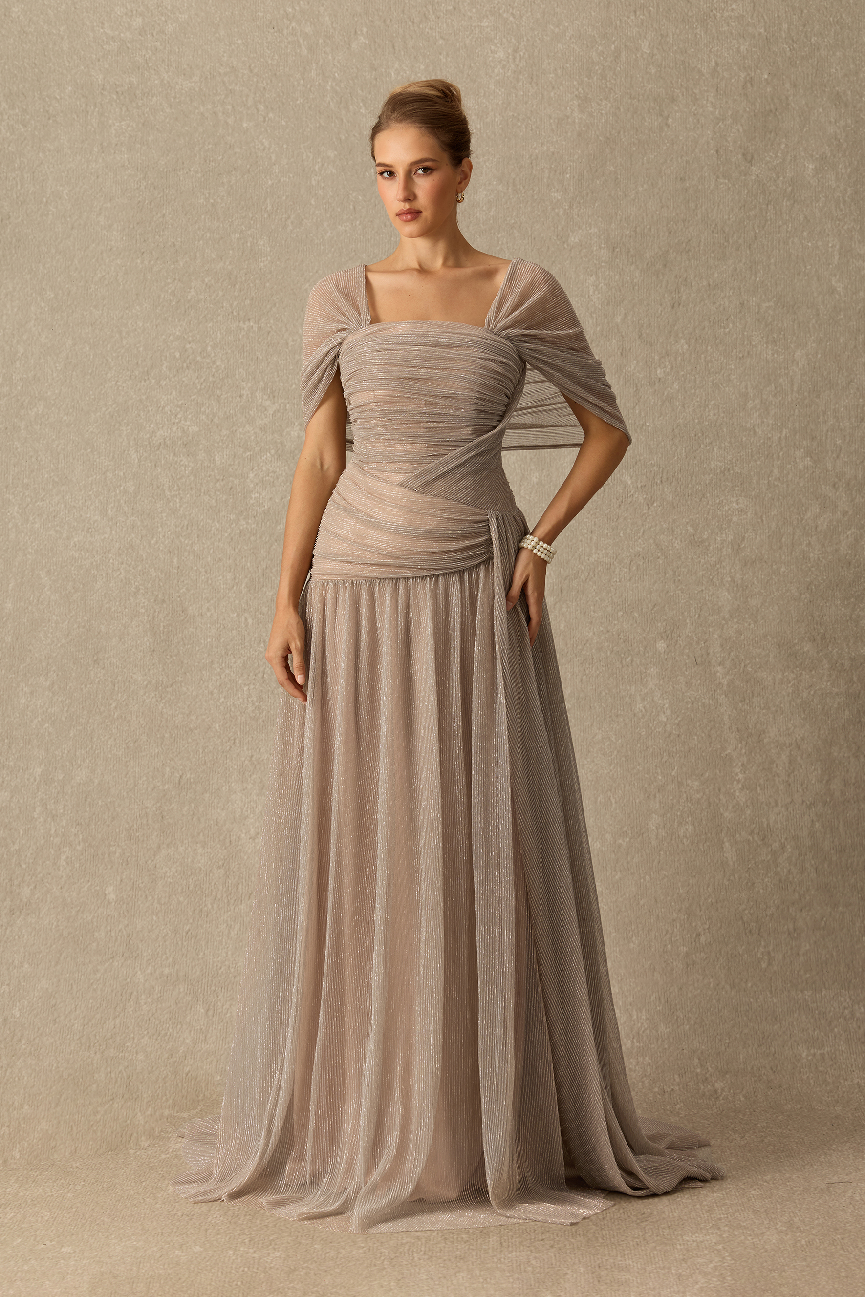 Totally Timeless Khaki Pleated Draped Strapless Maxi Dress