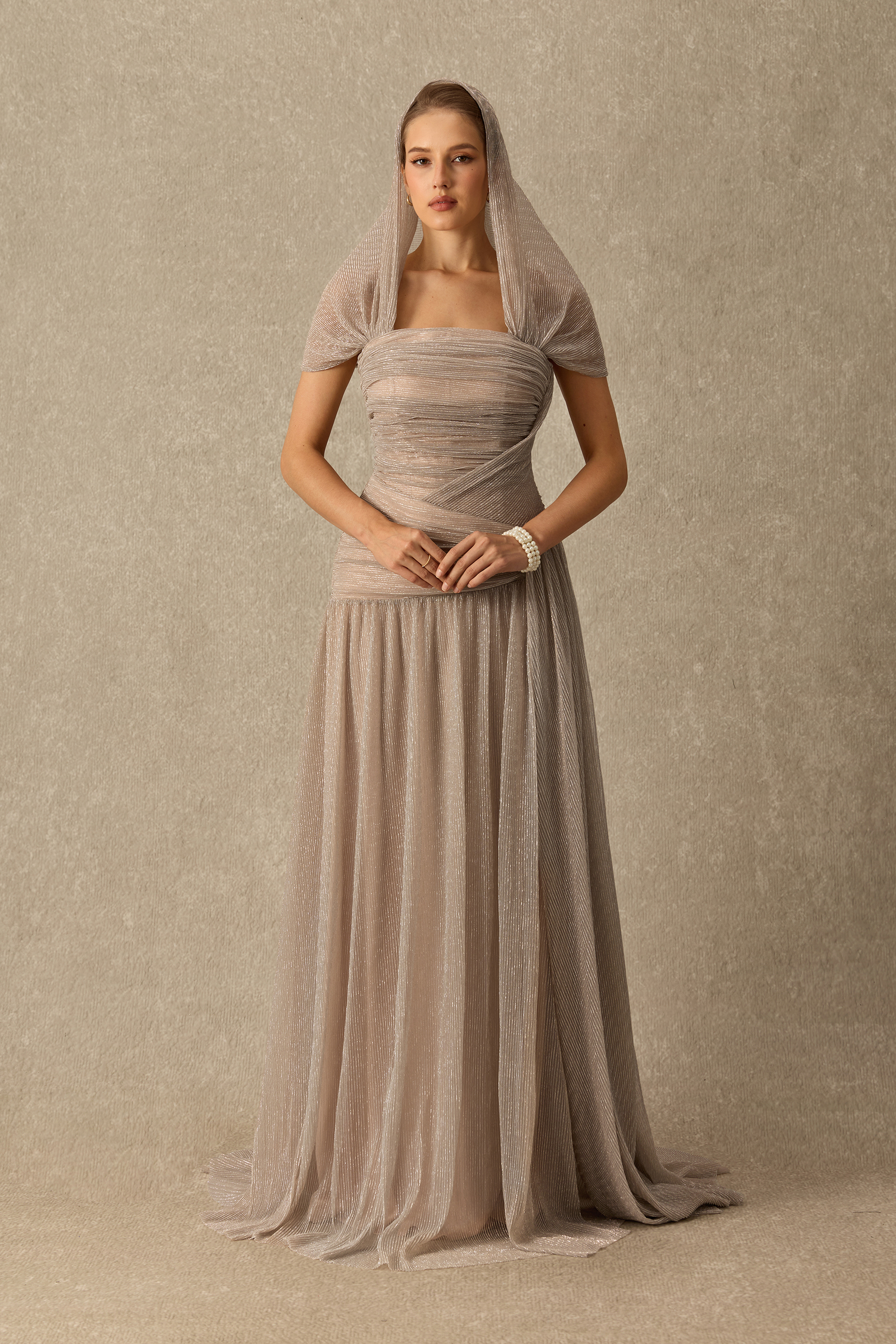 Totally Timeless Khaki Pleated Draped Strapless Maxi Dress
