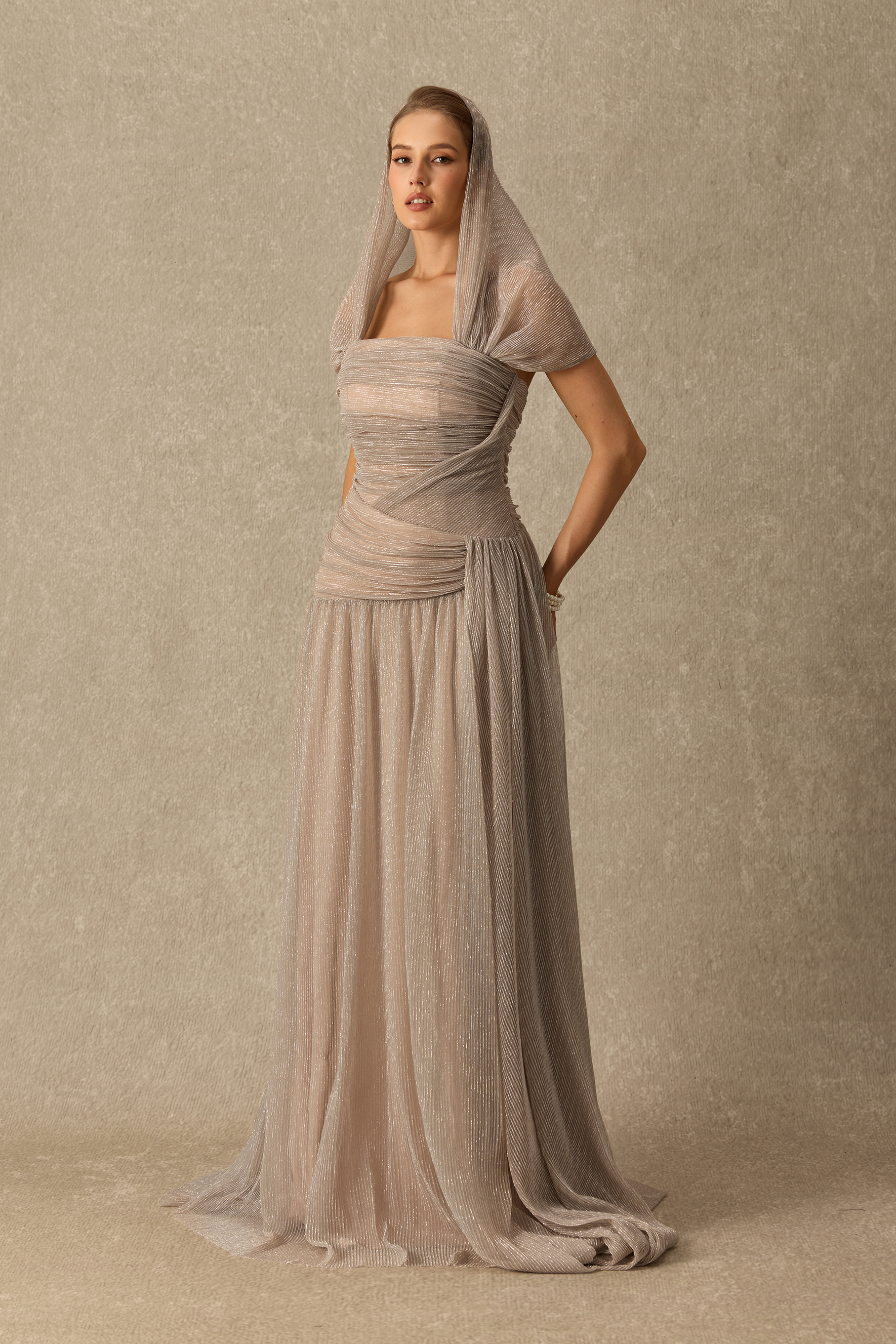 Totally Timeless Khaki Pleated Draped Strapless Maxi Dress