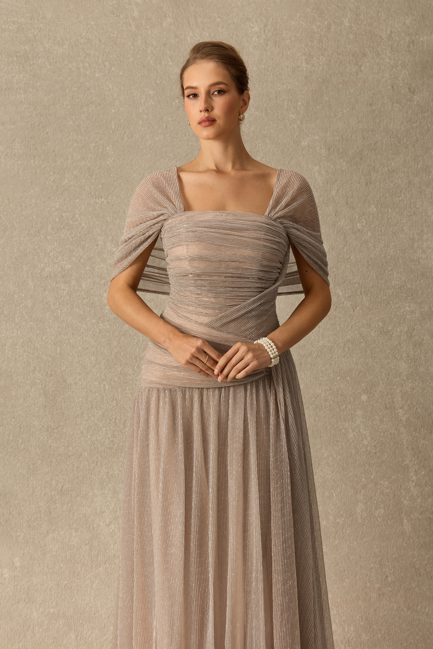 Totally Timeless Khaki Pleated Draped Strapless Maxi Dress