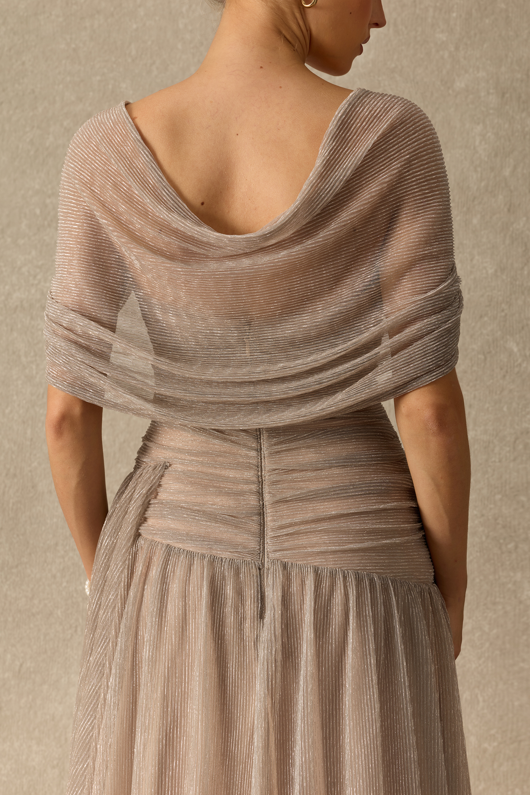 Totally Timeless Khaki Pleated Draped Strapless Maxi Dress