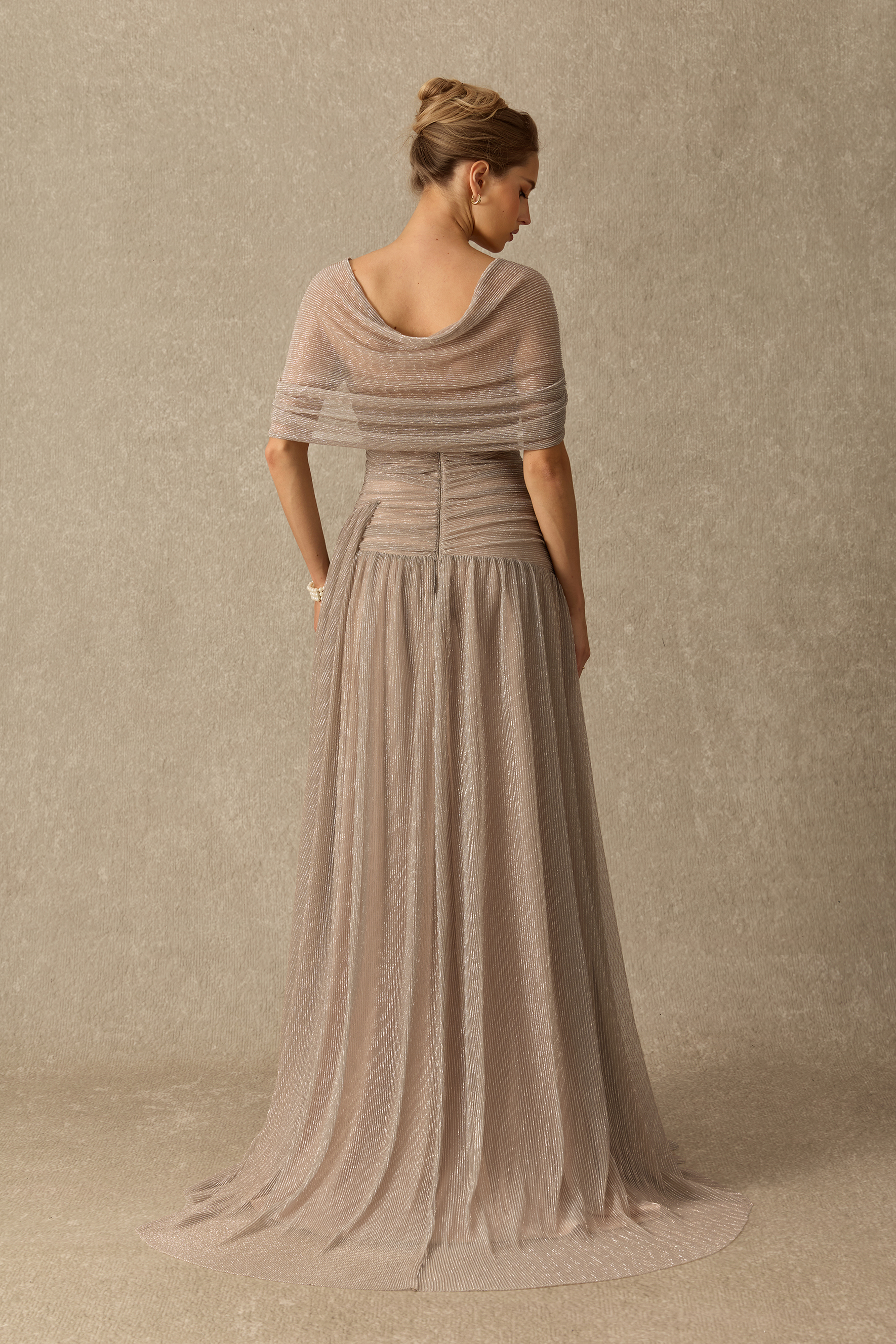 Totally Timeless Khaki Pleated Draped Strapless Maxi Dress