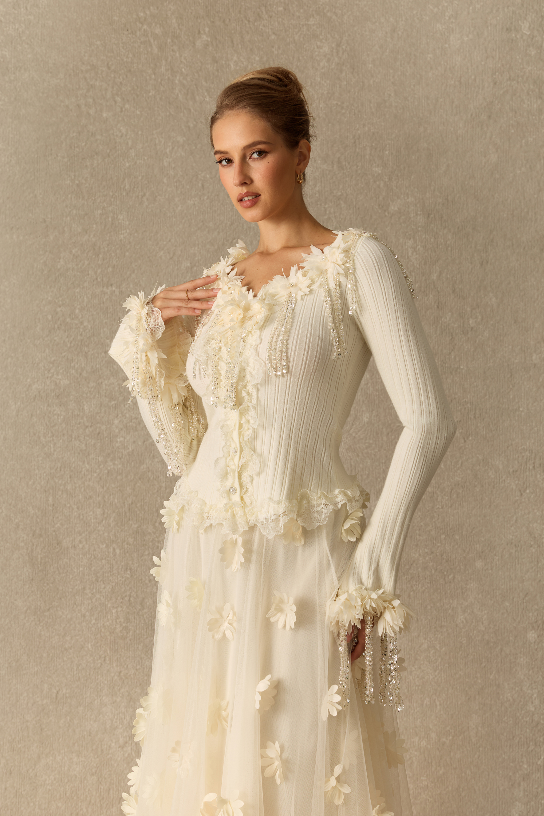 Something Beautiful Floral Embellished Sequin Fringe Knit Top