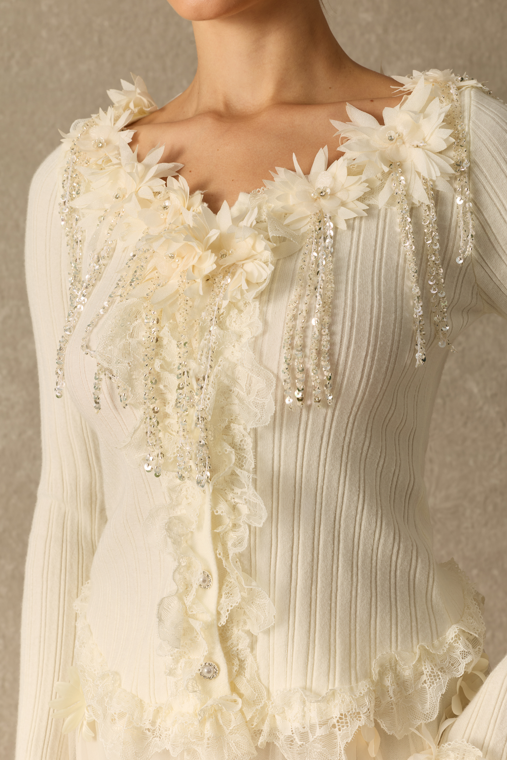 Something Beautiful Floral Embellished Sequin Fringe Knit Top