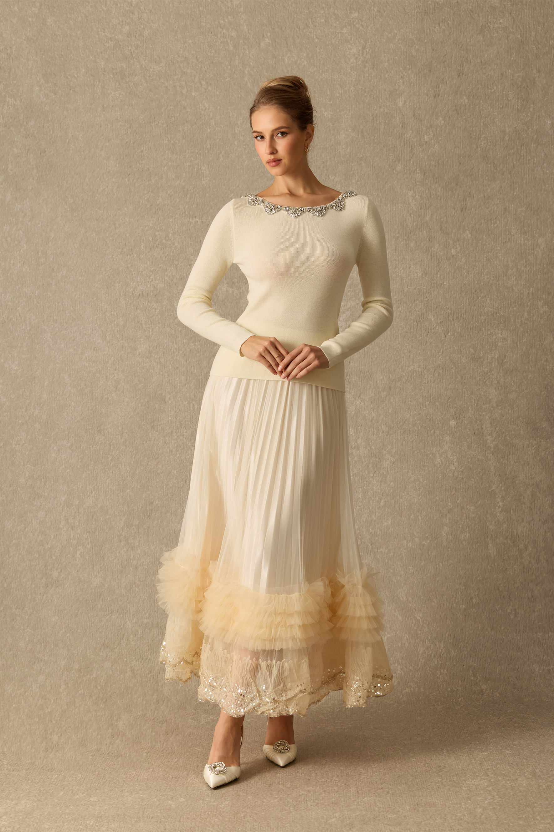 Forever Darling Sequin Embellished Pleated Maxi Skirt