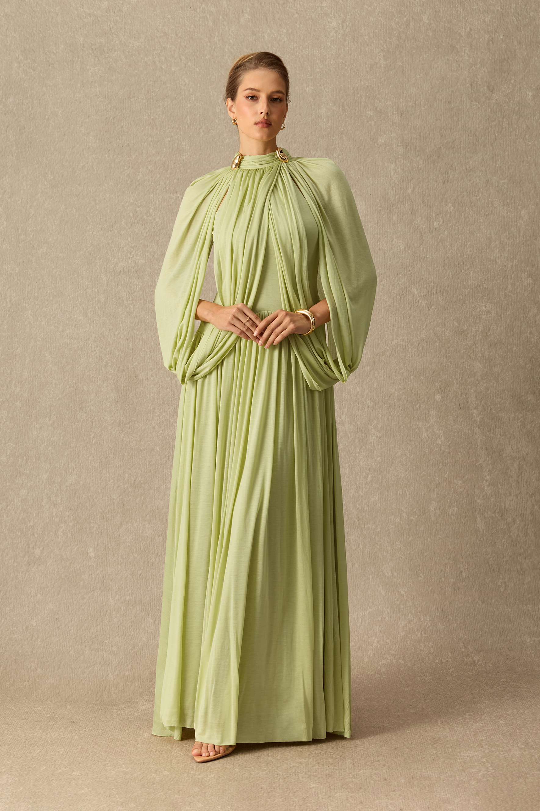 Twilight Whispers Green Draped Cape Sleeve Knit Maxi Dress