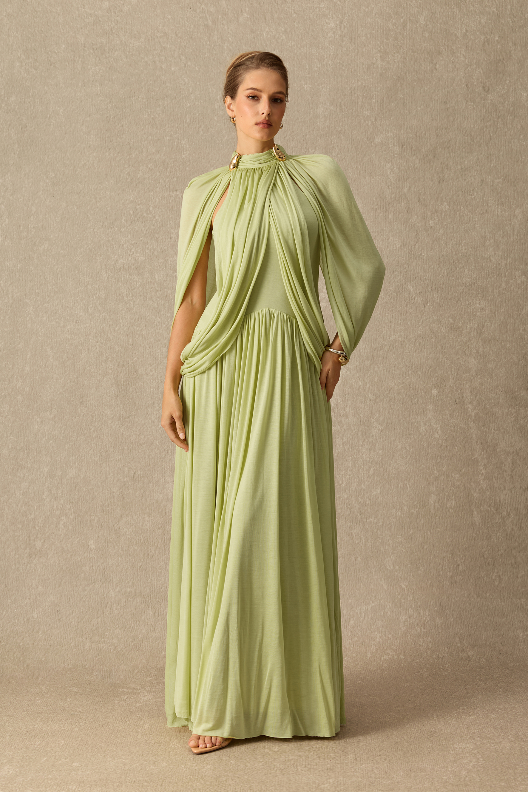 Twilight Whispers Green Draped Cape Sleeve Knit Maxi Dress