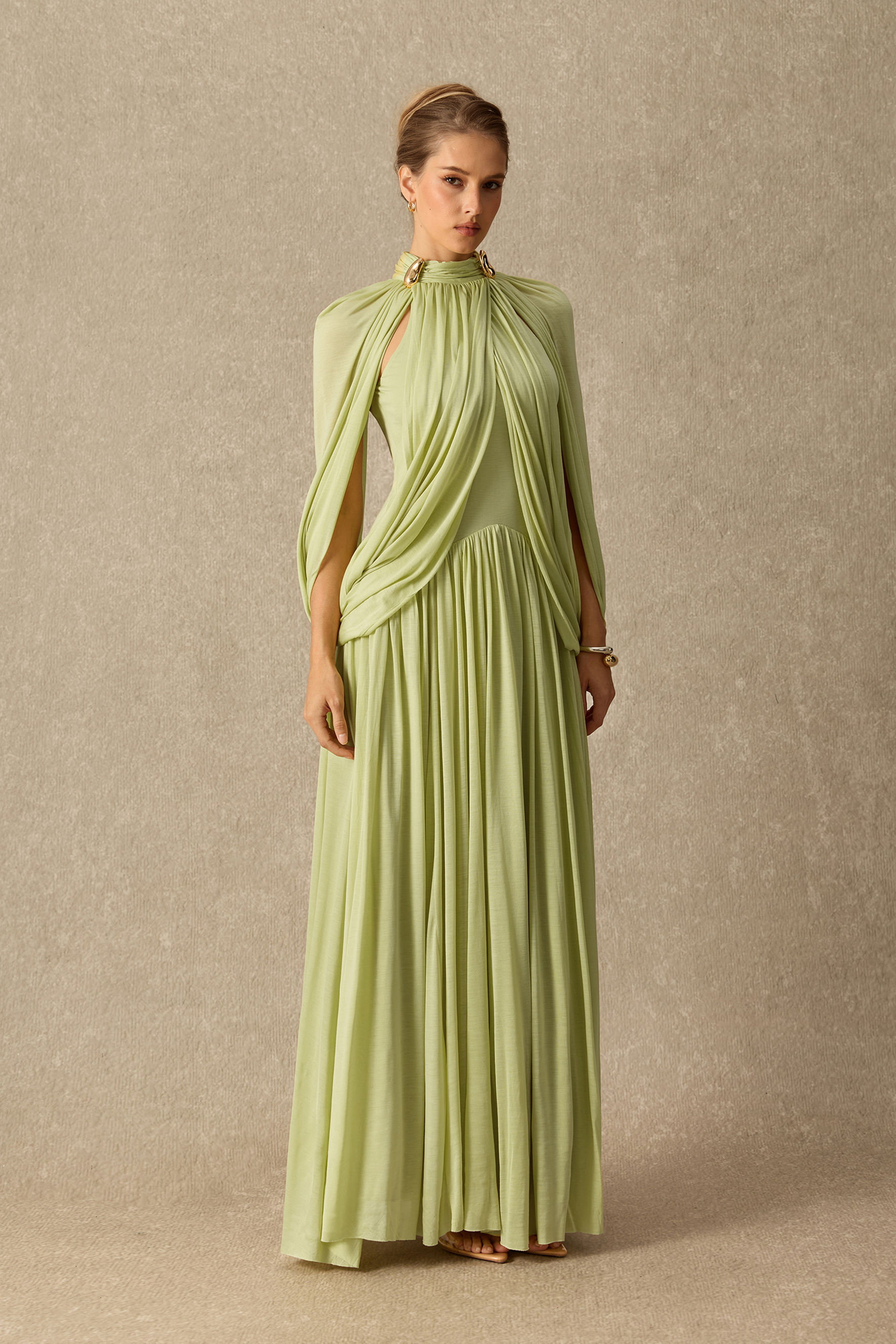 Twilight Whispers Green Draped Cape Sleeve Knit Maxi Dress