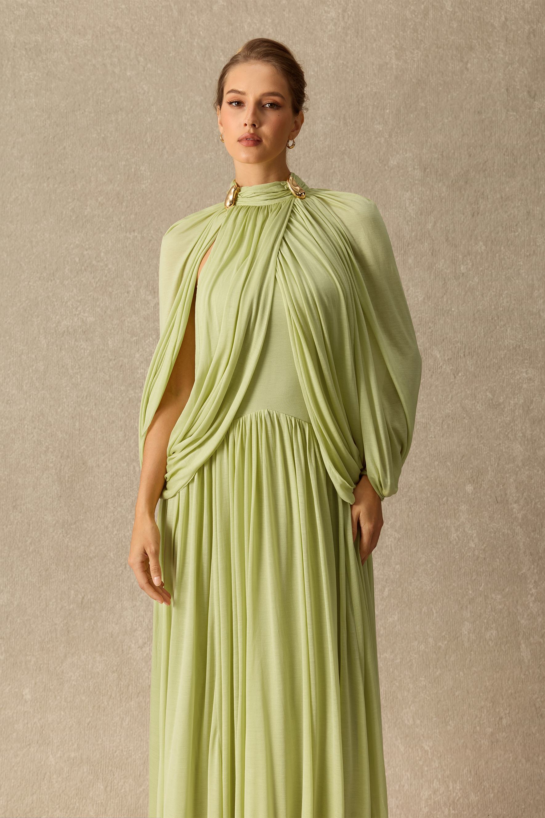 Twilight Whispers Green Draped Cape Sleeve Knit Maxi Dress