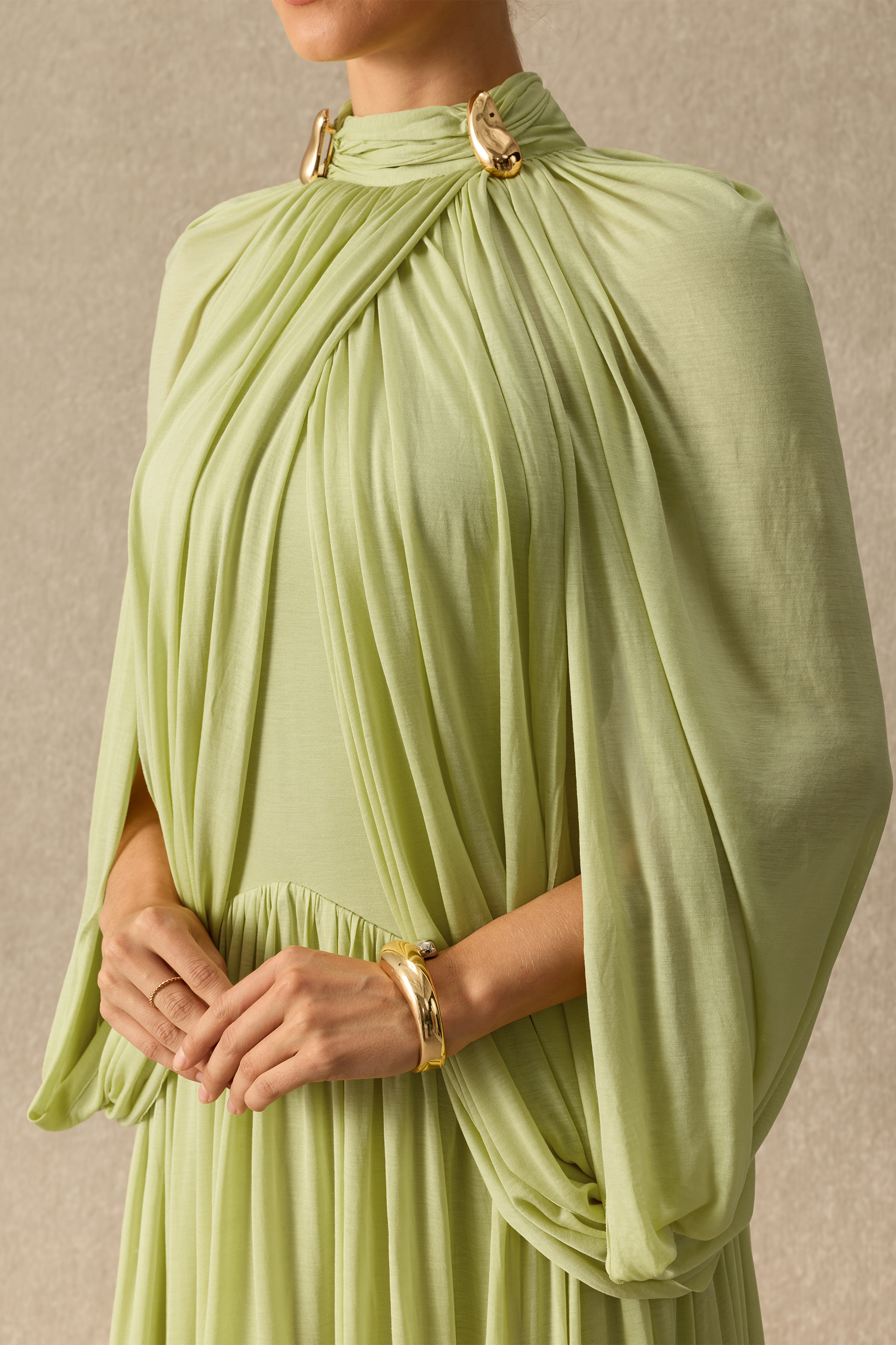 Twilight Whispers Green Draped Cape Sleeve Knit Maxi Dress