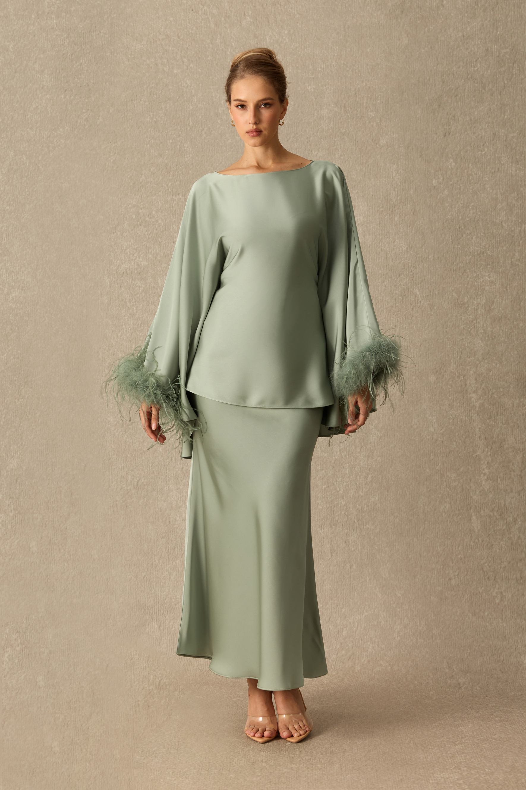 Bring The Drama Boat Neck Feather Cuff Satin Top & Skirt Set