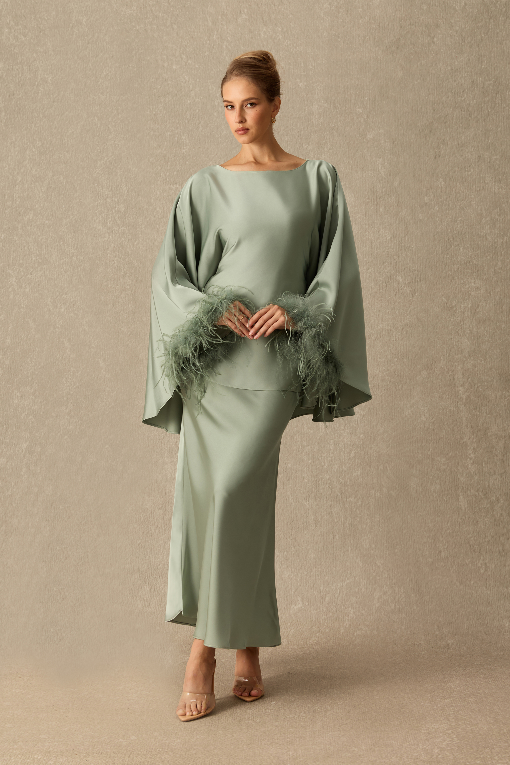 Bring The Drama Boat Neck Feather Cuff Satin Top & Skirt Set