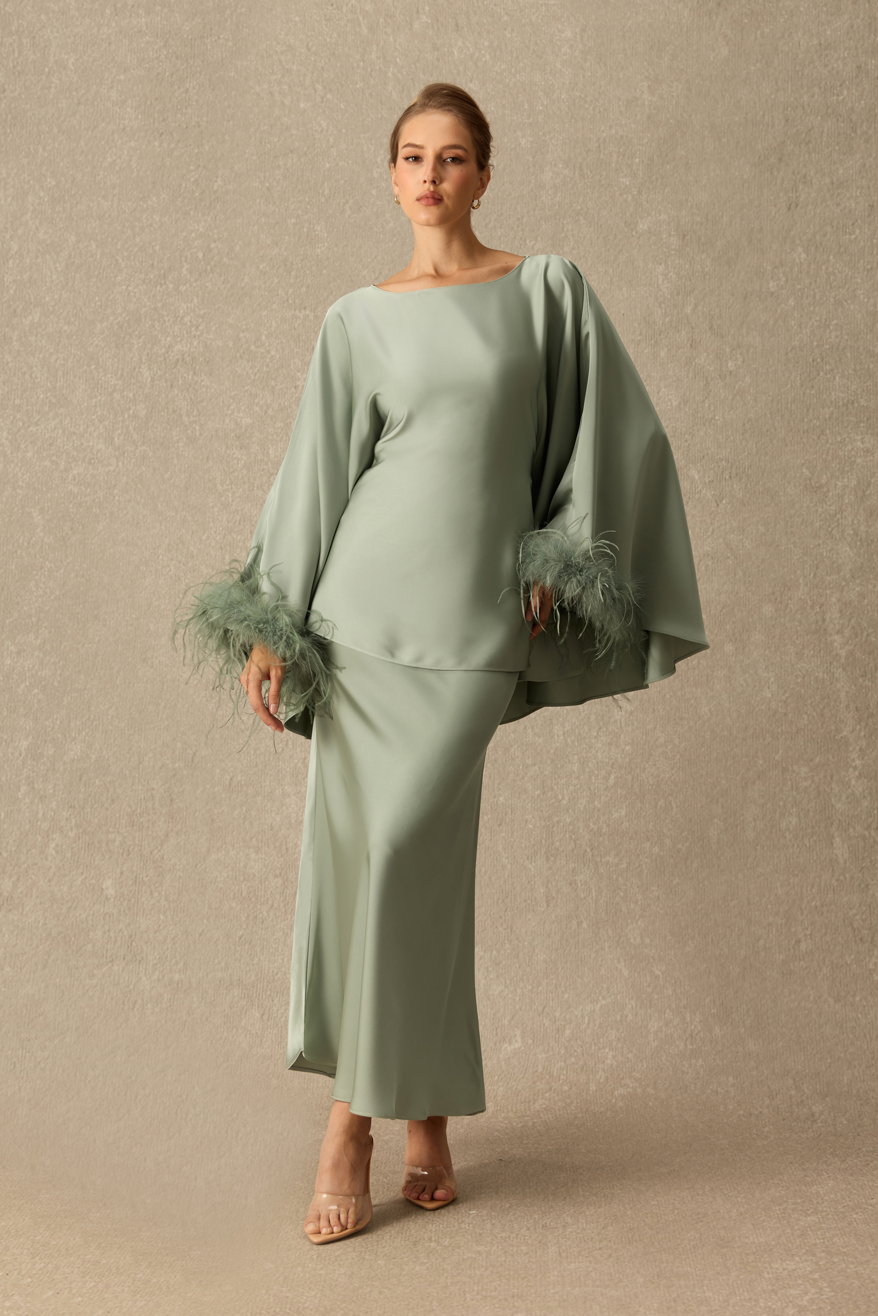Bring The Drama Boat Neck Feather Cuff Satin Top & Skirt Set