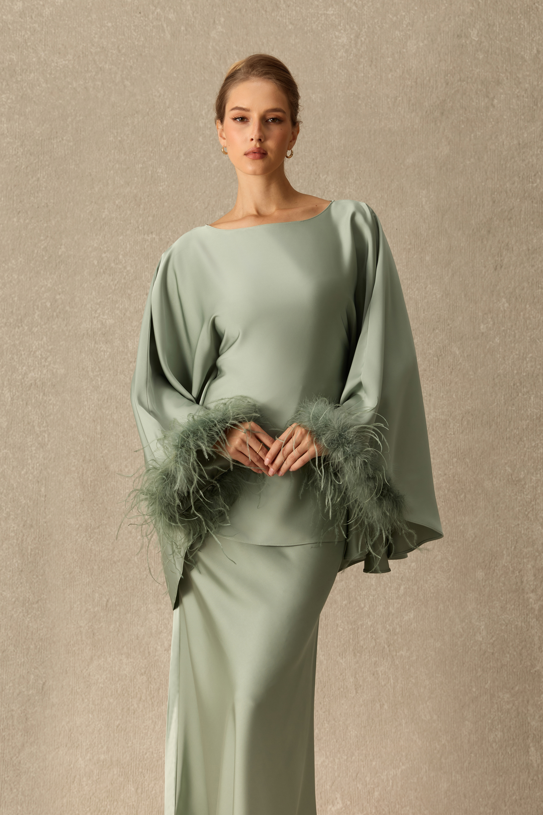 Bring The Drama Boat Neck Feather Cuff Satin Top & Skirt Set