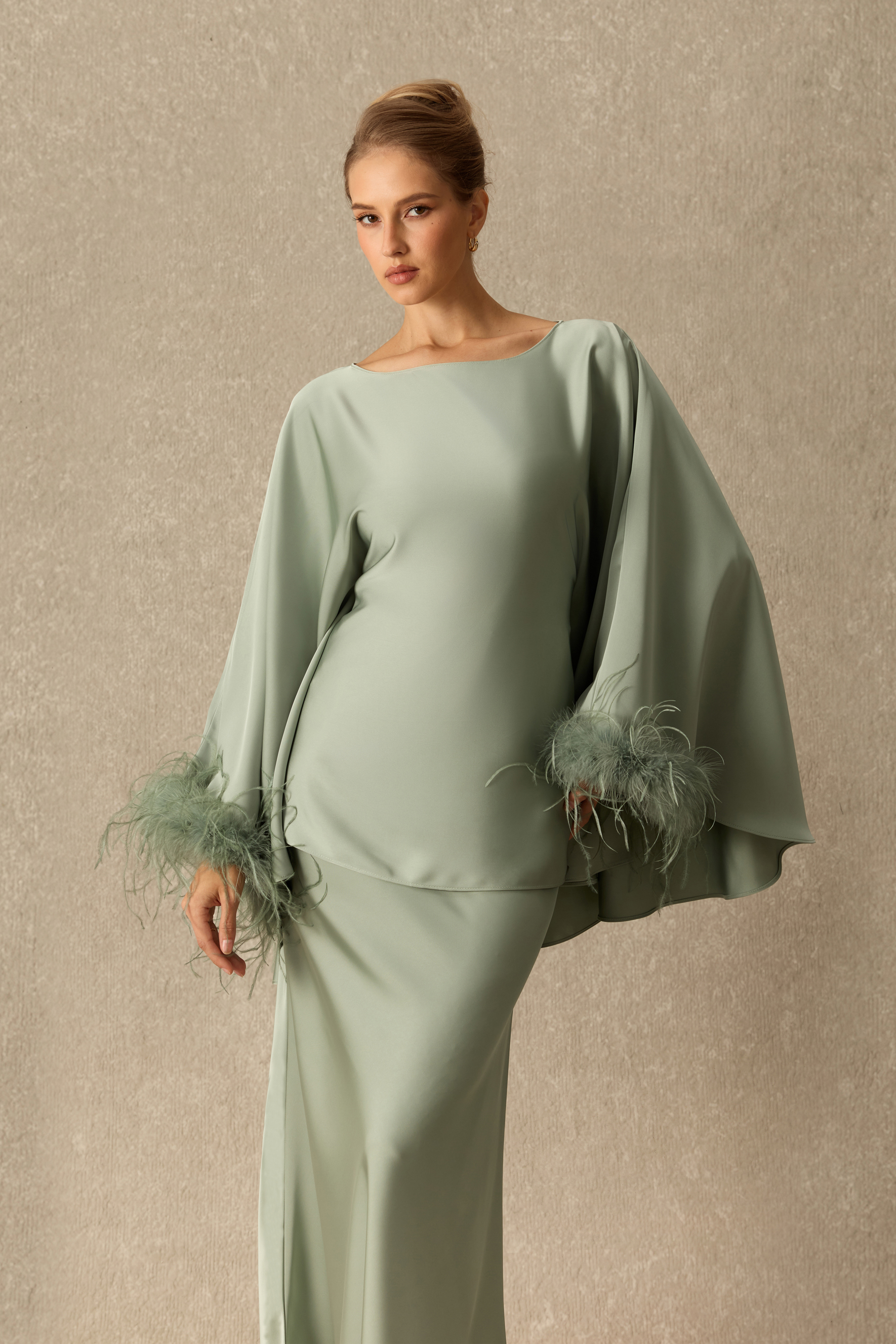 Bring The Drama Boat Neck Feather Cuff Satin Top & Skirt Set
