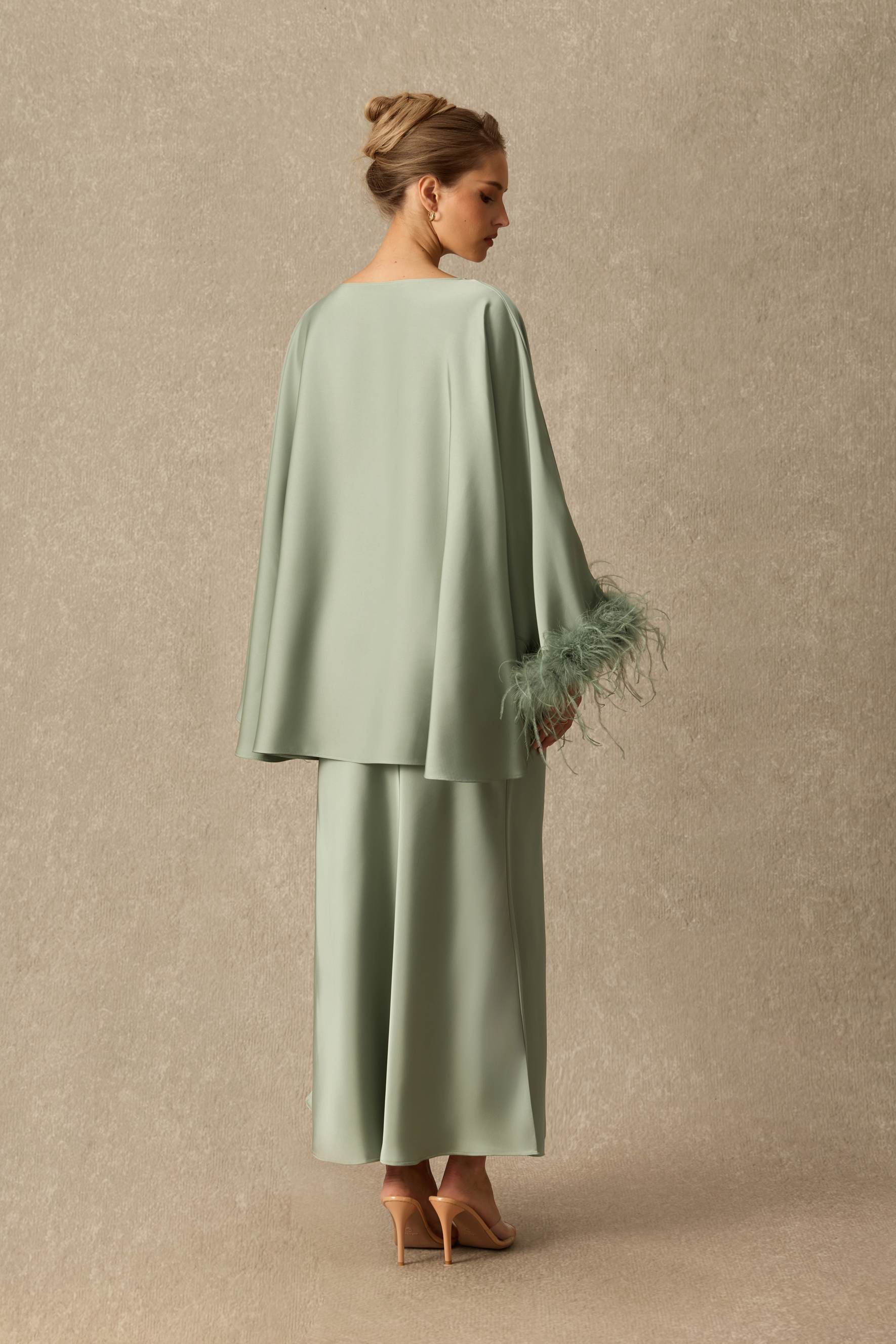 Bring The Drama Boat Neck Feather Cuff Satin Top & Skirt Set