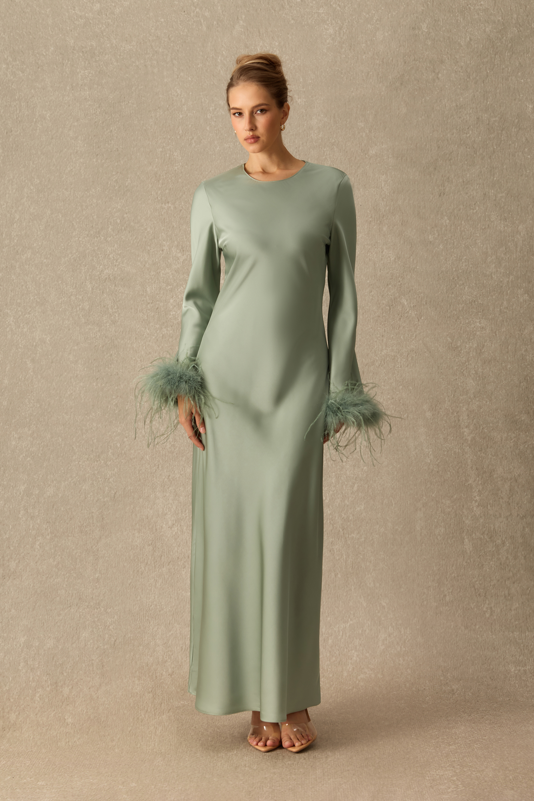 Romantic Appeal Round Neck Feather Cuff Satin Maxi Dress