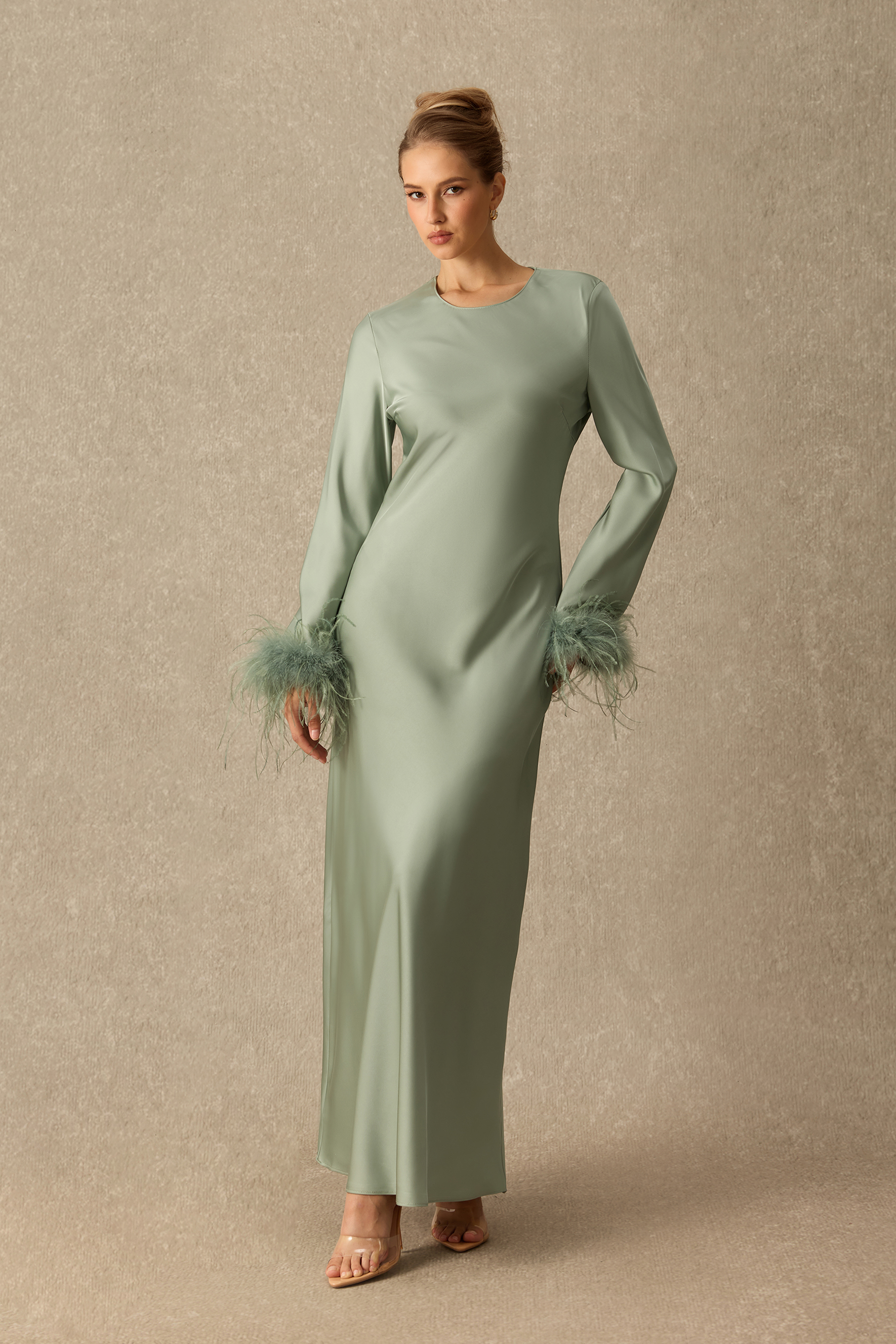 Romantic Appeal Round Neck Feather Cuff Satin Maxi Dress