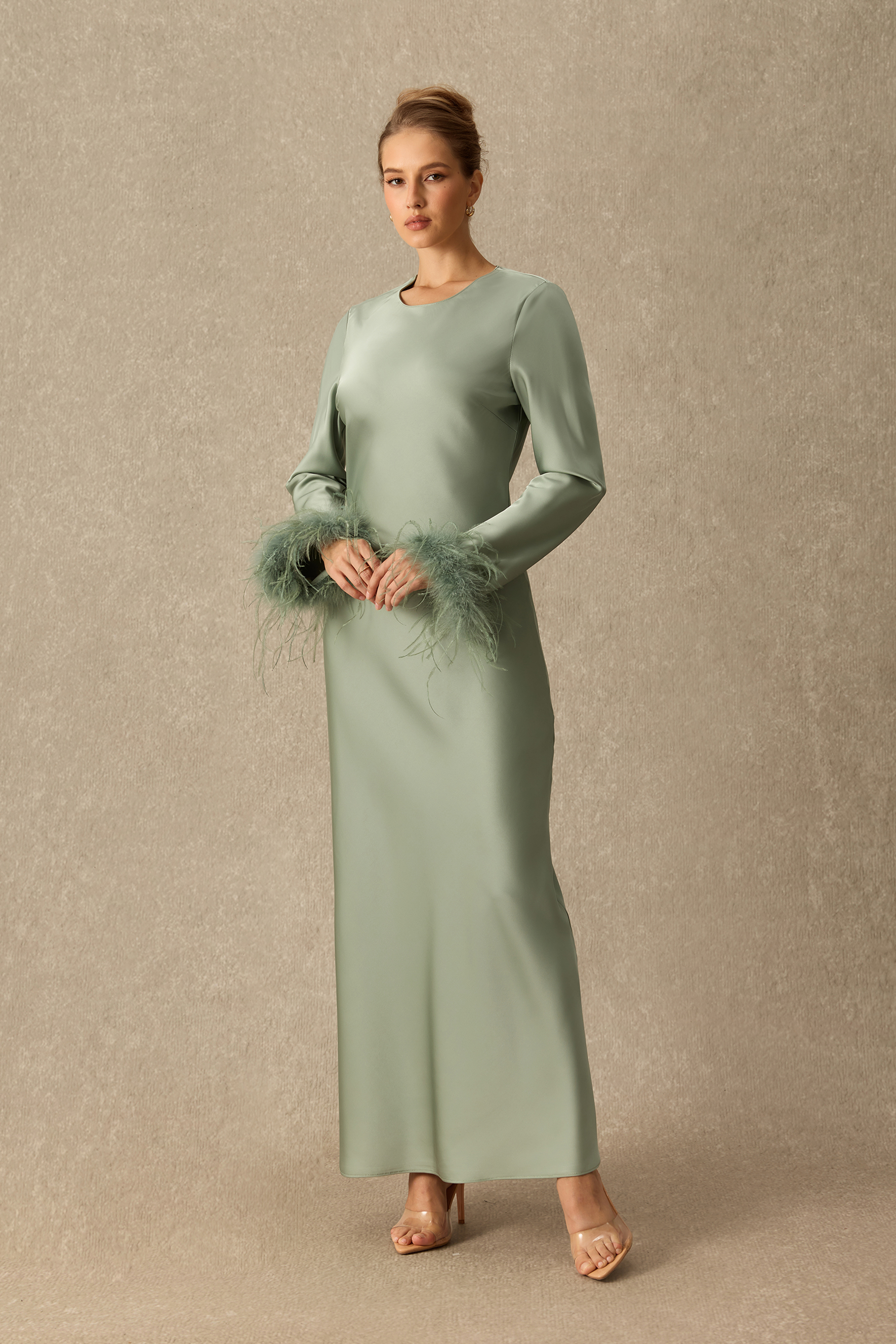 Romantic Appeal Round Neck Feather Cuff Satin Maxi Dress