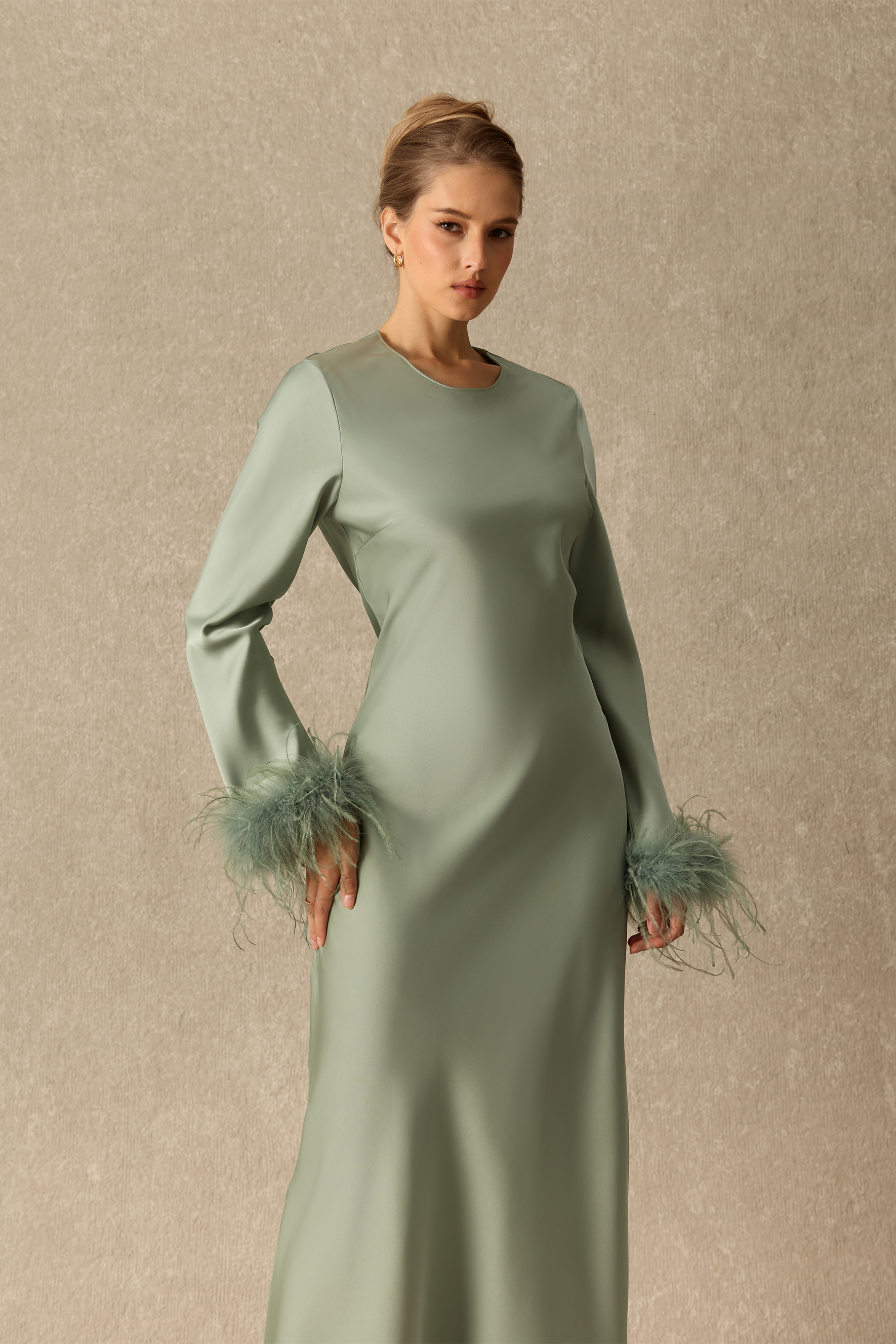 Romantic Appeal Round Neck Feather Cuff Satin Maxi Dress