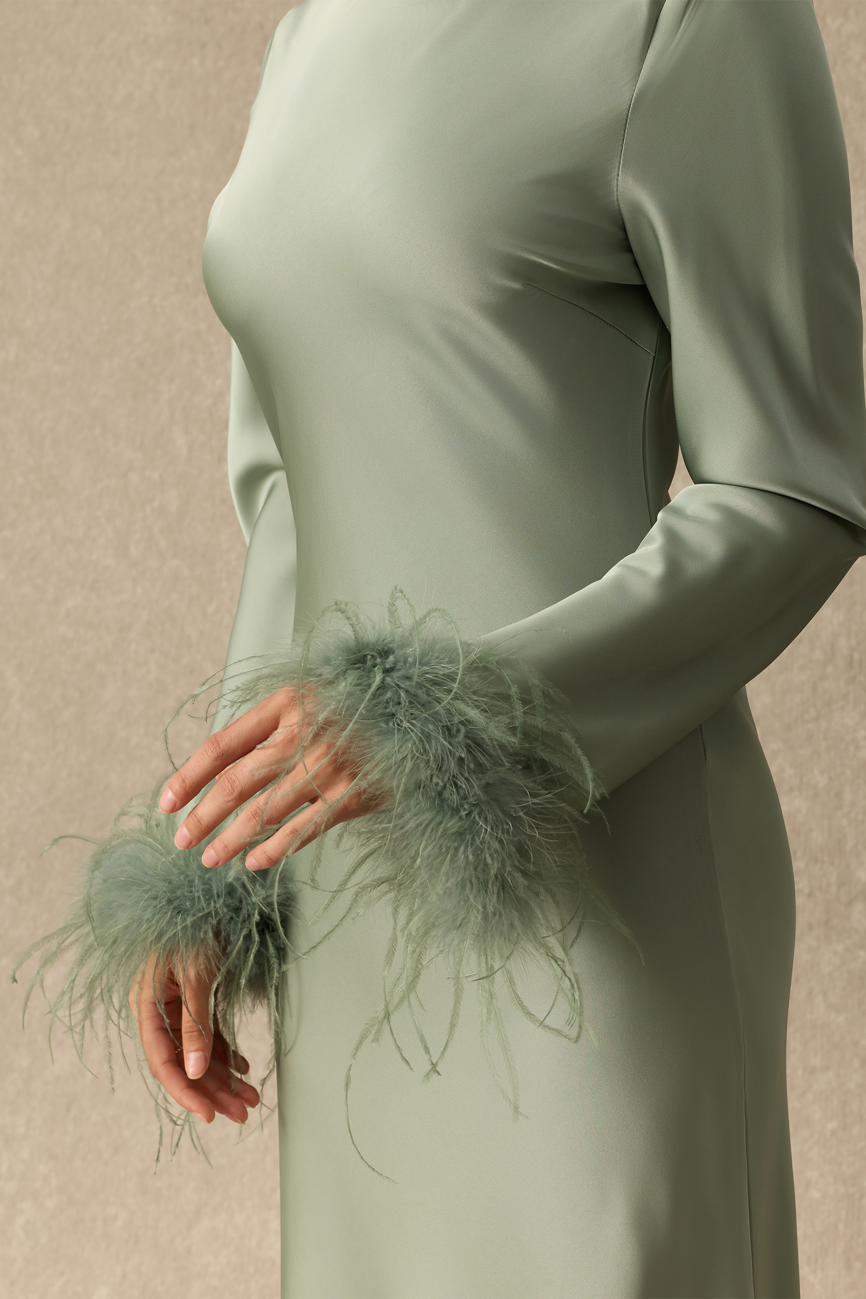 Romantic Appeal Round Neck Feather Cuff Satin Maxi Dress