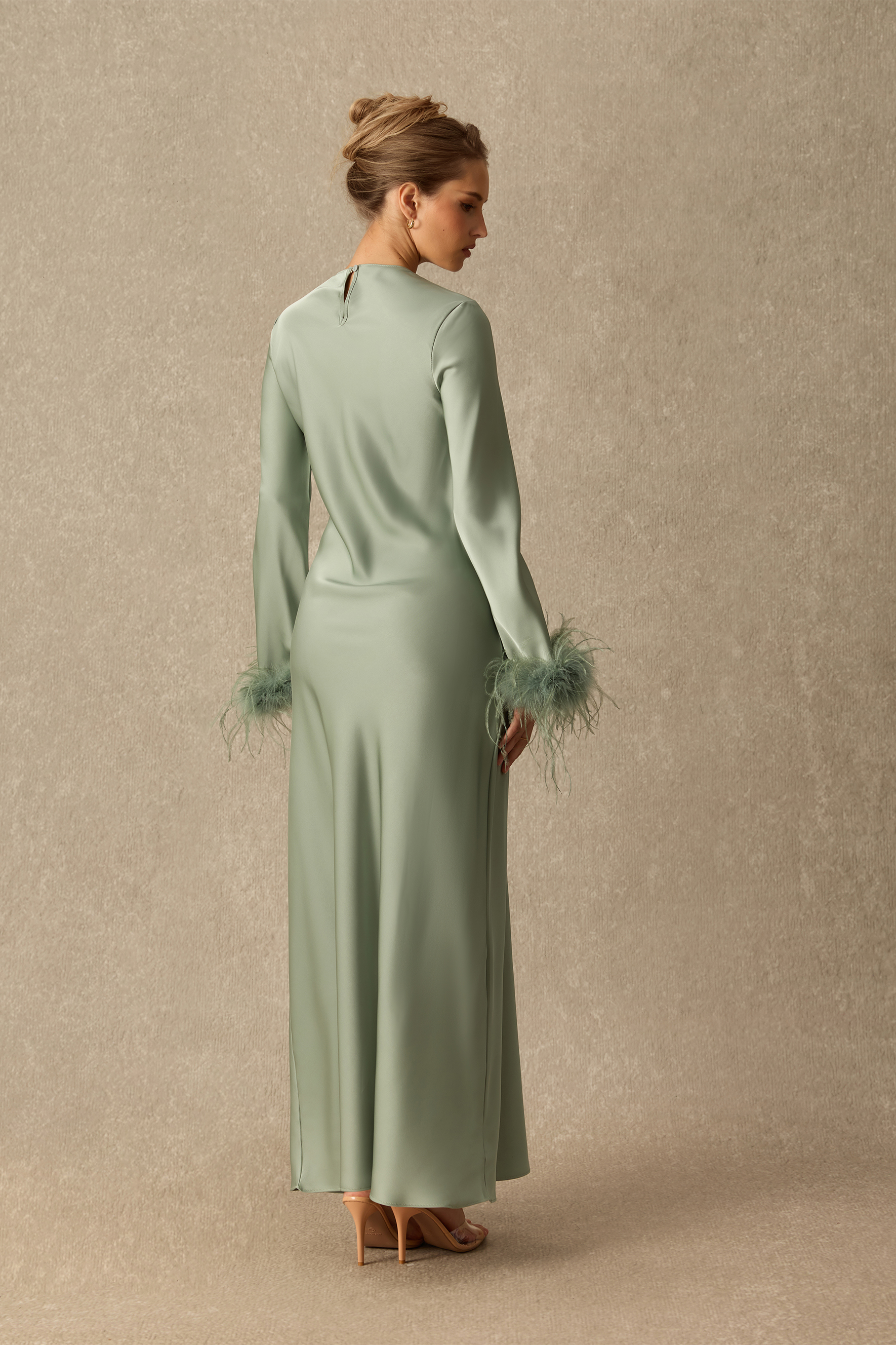Romantic Appeal Round Neck Feather Cuff Satin Maxi Dress