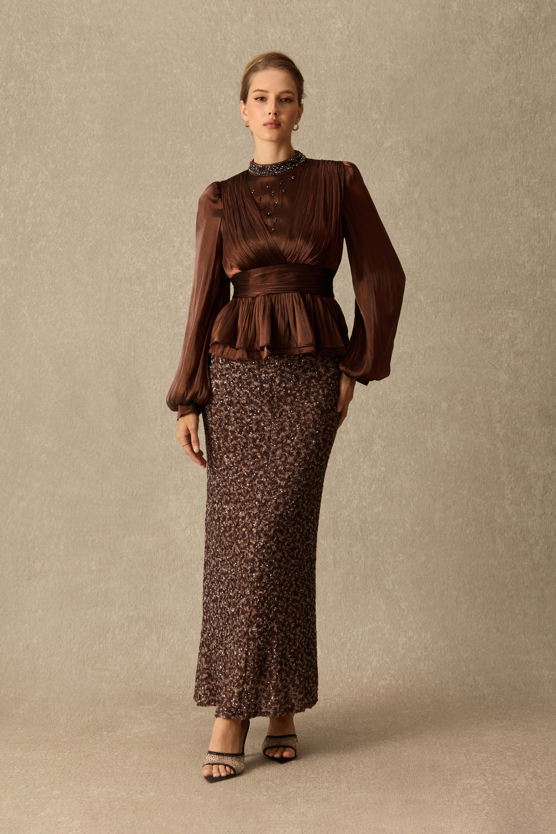 Glamour In Full Embellished Blouse & Sequin Skirt Set