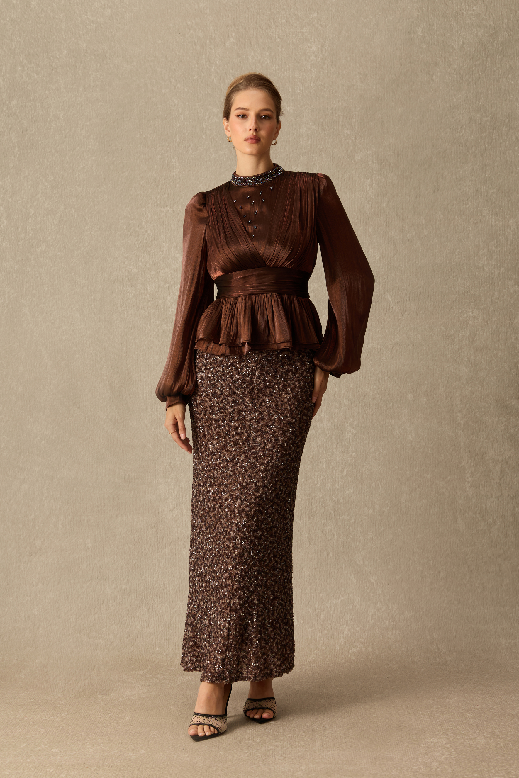 Glamour In Full Embellished Blouse & Sequin Skirt Set