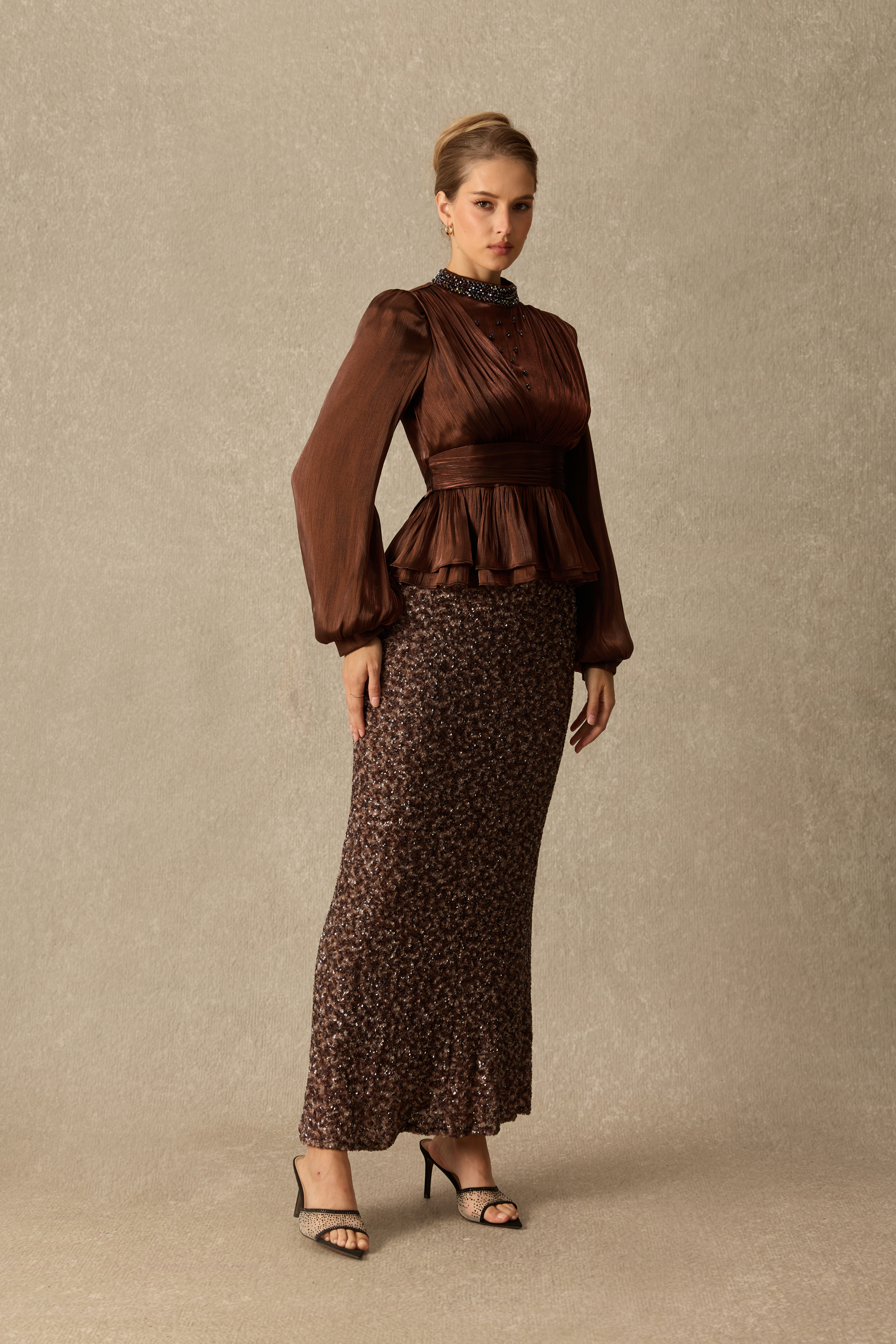 Glamour In Full Embellished Blouse & Sequin Skirt Set