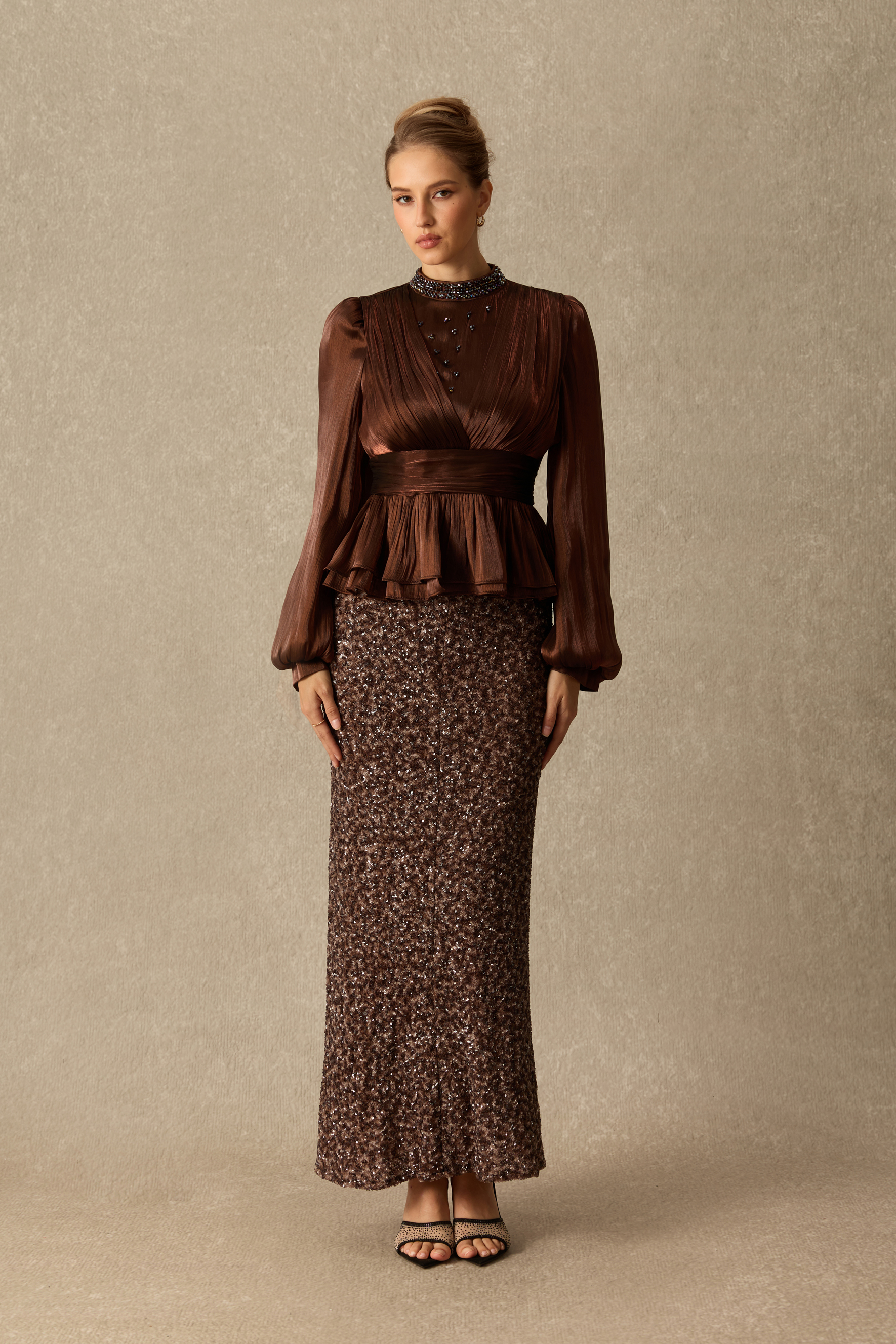 Glamour In Full Embellished Blouse & Sequin Skirt Set