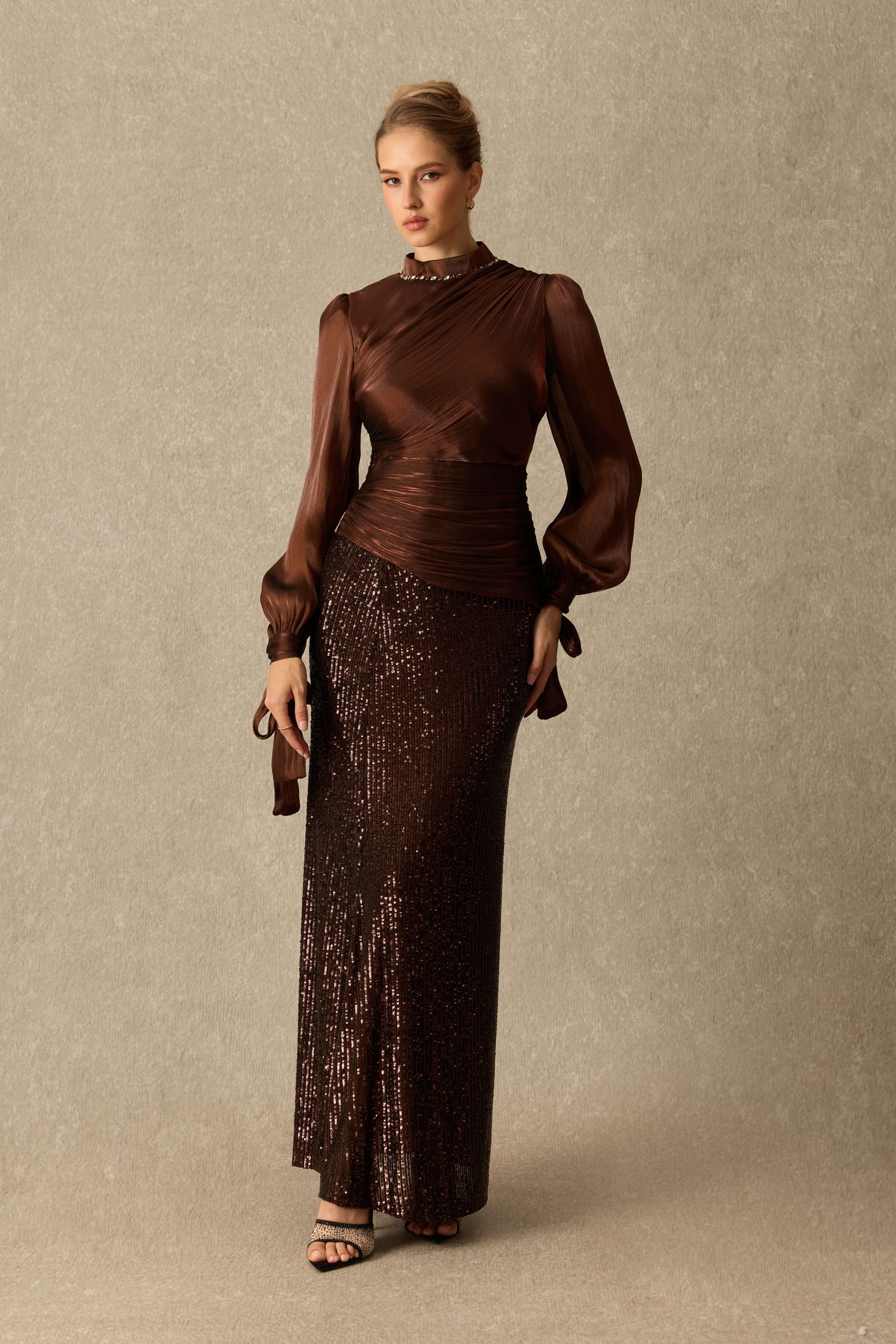 Signature Style Ruched Bodice Top & Sequin Skirt Set