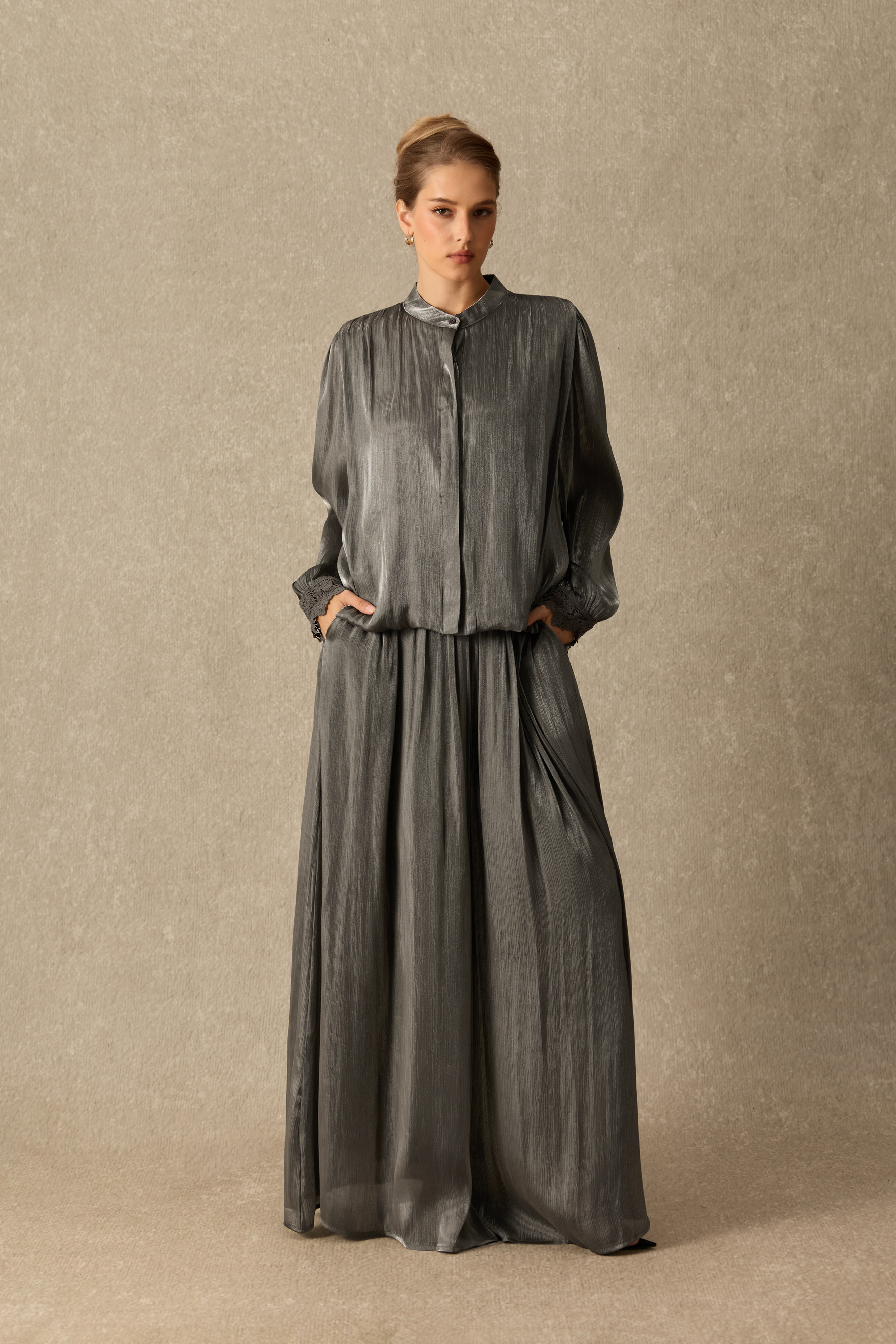 Poetry In Motion Mandarin Collar Long Sleeve Top & Wide Leg Pants Set