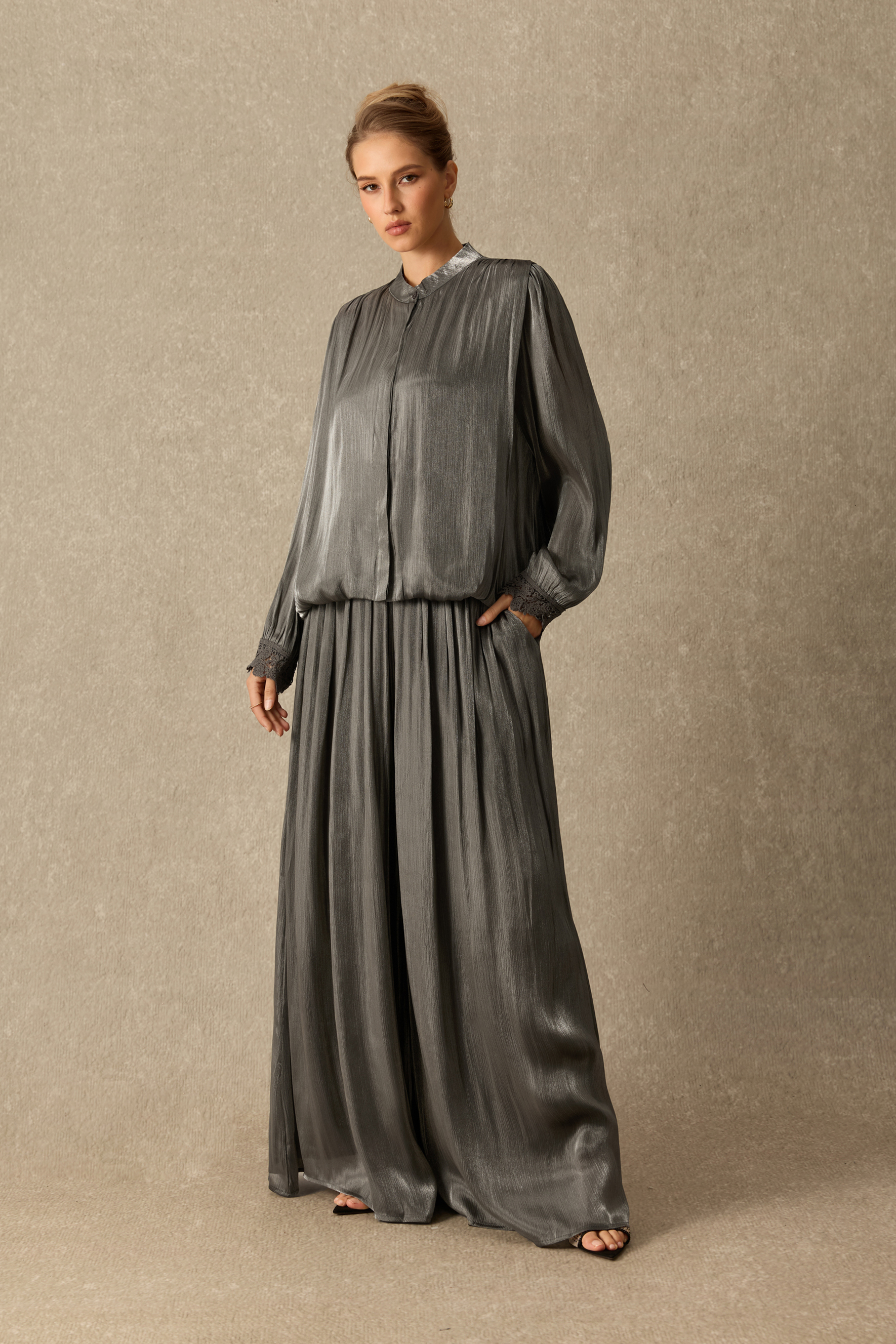 Poetry In Motion Mandarin Collar Long Sleeve Top & Wide Leg Pants Set