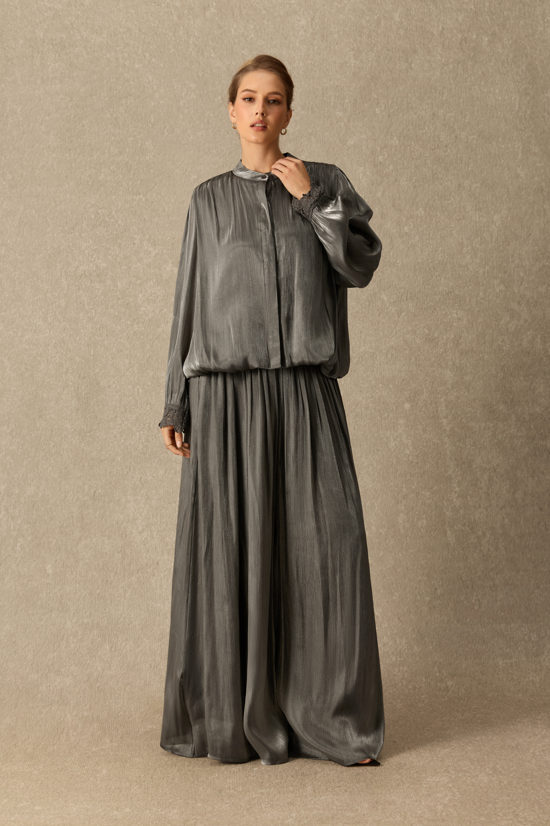 Poetry In Motion Mandarin Collar Long Sleeve Top & Wide Leg Pants Set