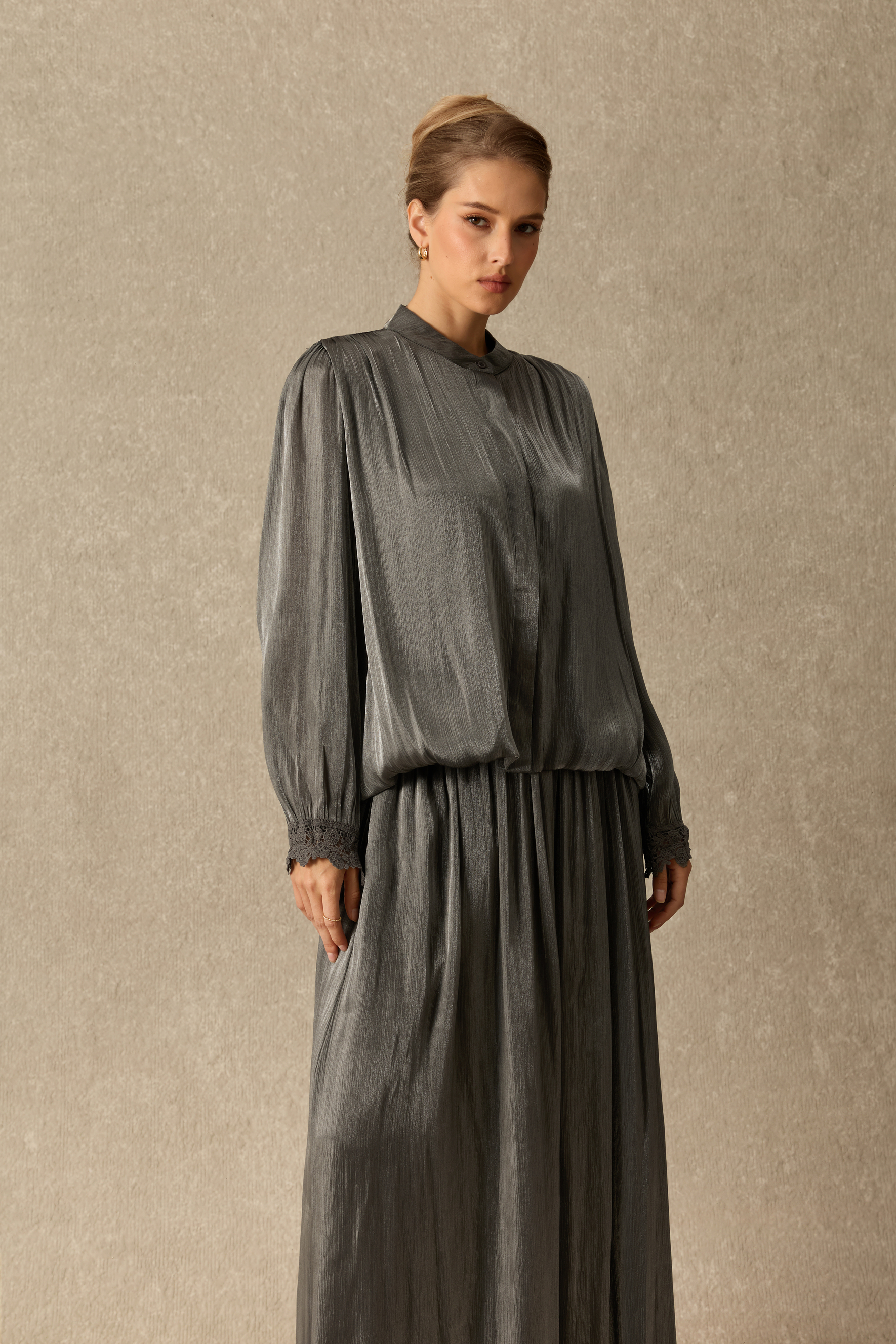 Poetry In Motion Mandarin Collar Long Sleeve Top & Wide Leg Pants Set