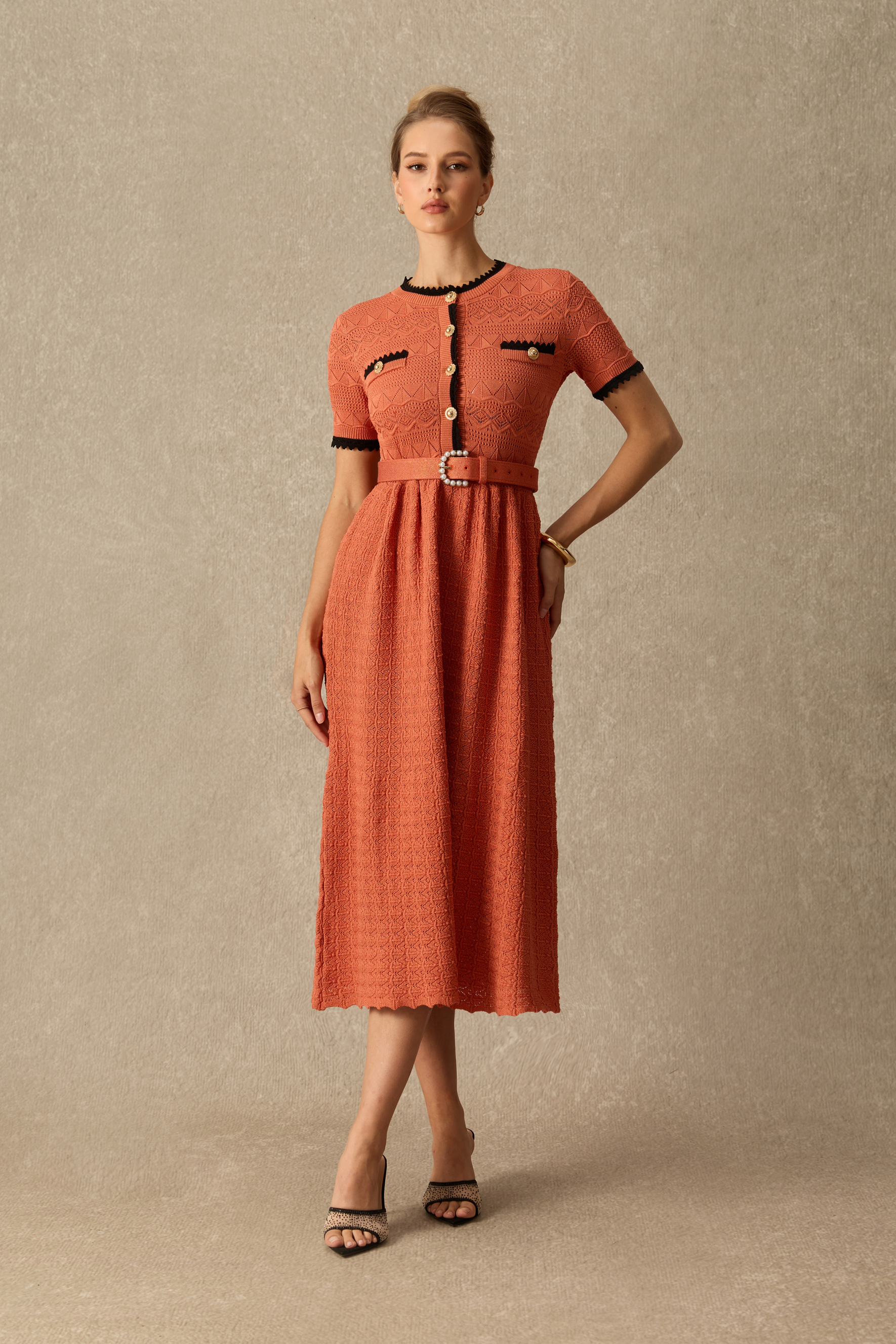 Remarkable Taste Short Sleeve Contrast Trim Knit Midi Dress
