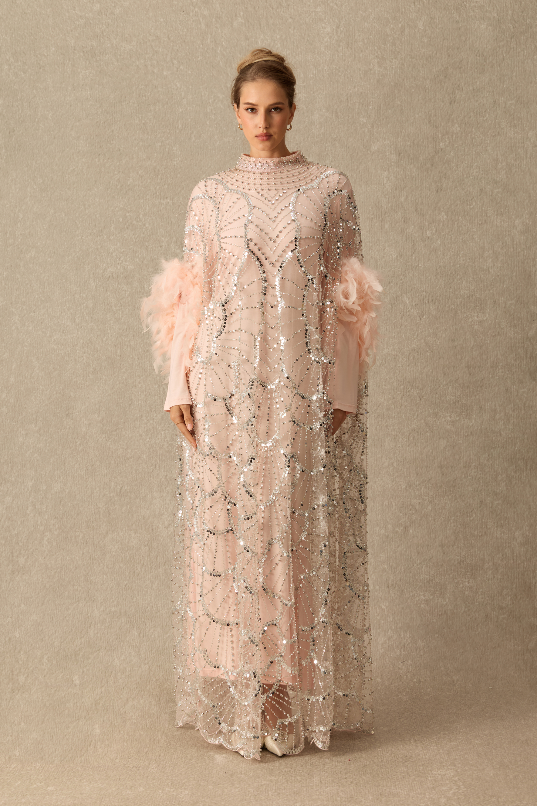 All That Sparkles Feather Cuff Rhinestone Embellished Maxi Dress
