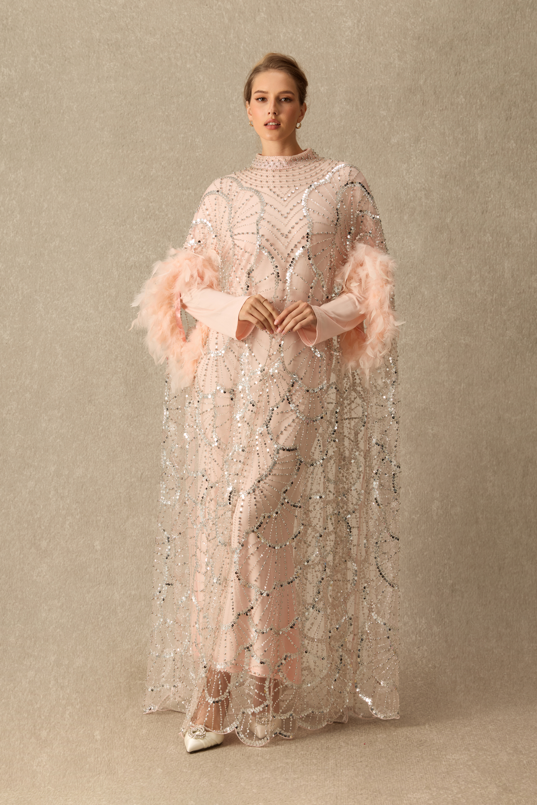 All That Sparkles Feather Cuff Rhinestone Embellished Maxi Dress