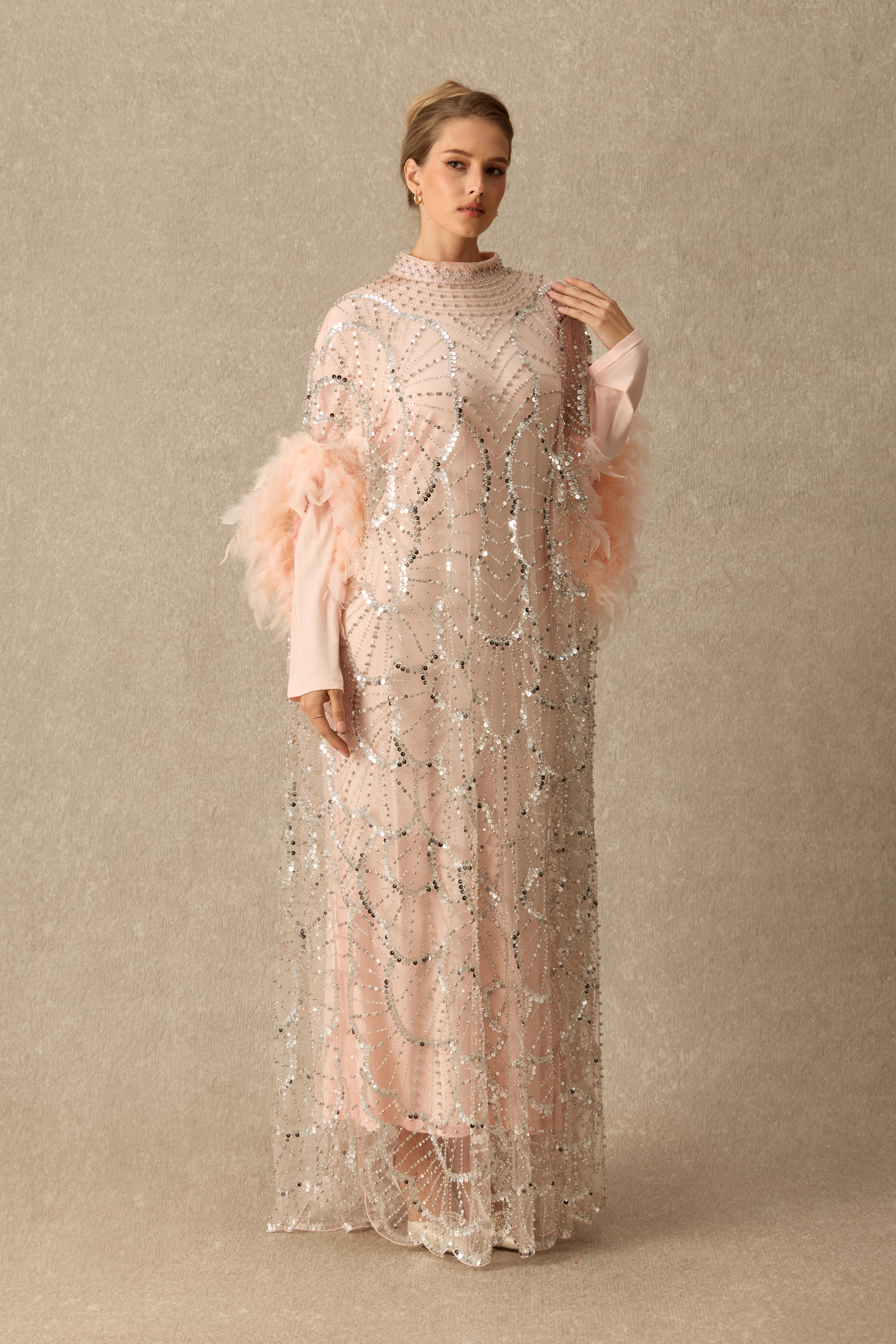 All That Sparkles Feather Cuff Rhinestone Embellished Maxi Dress