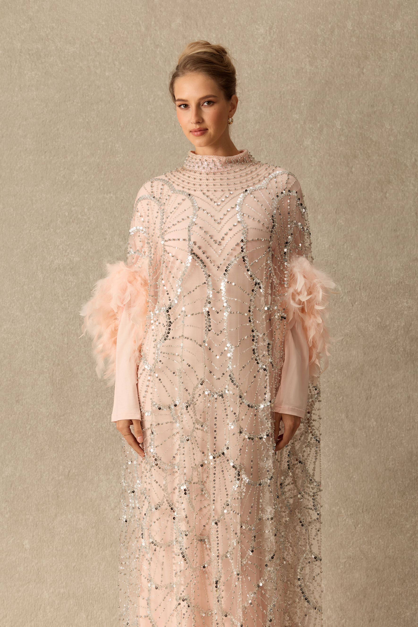 All That Sparkles Feather Cuff Rhinestone Embellished Maxi Dress