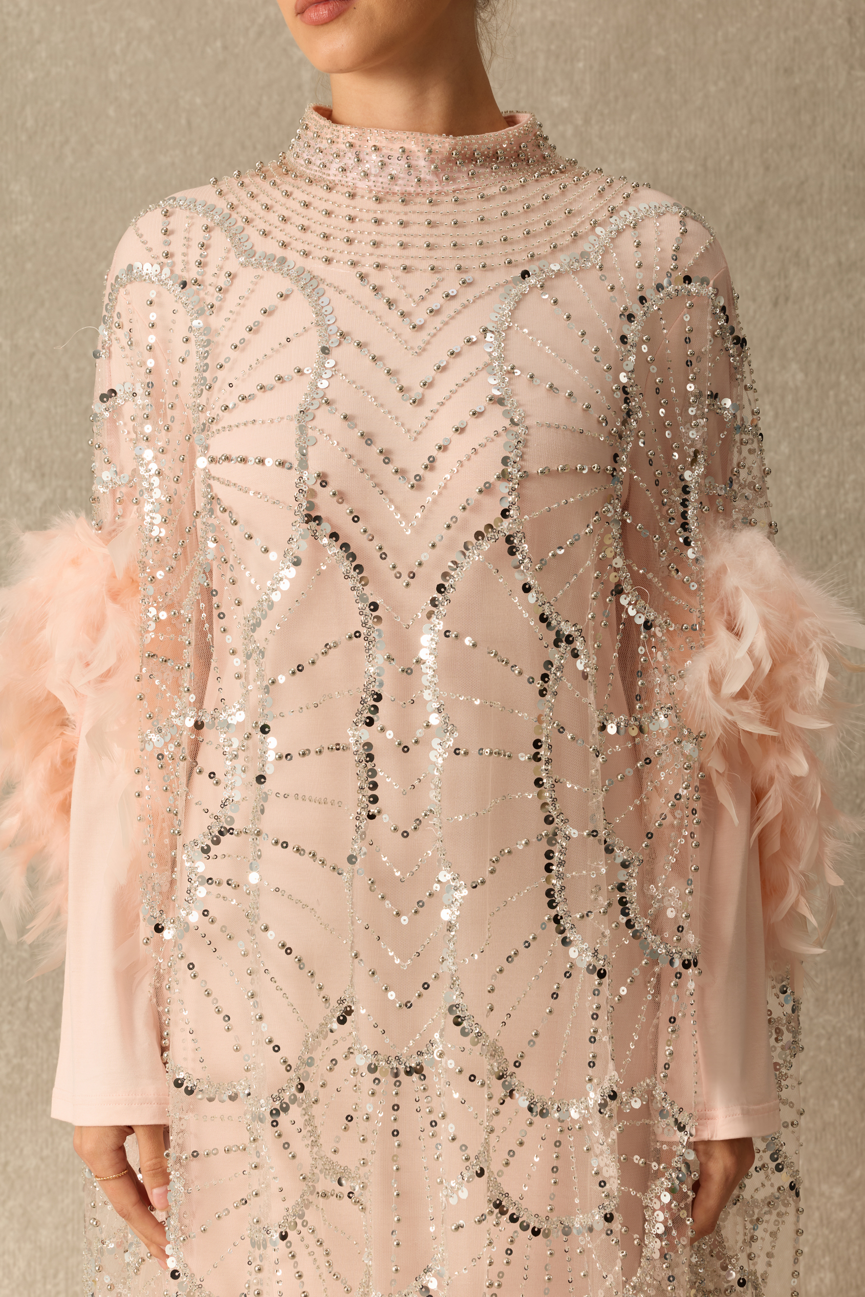 All That Sparkles Feather Cuff Rhinestone Embellished Maxi Dress