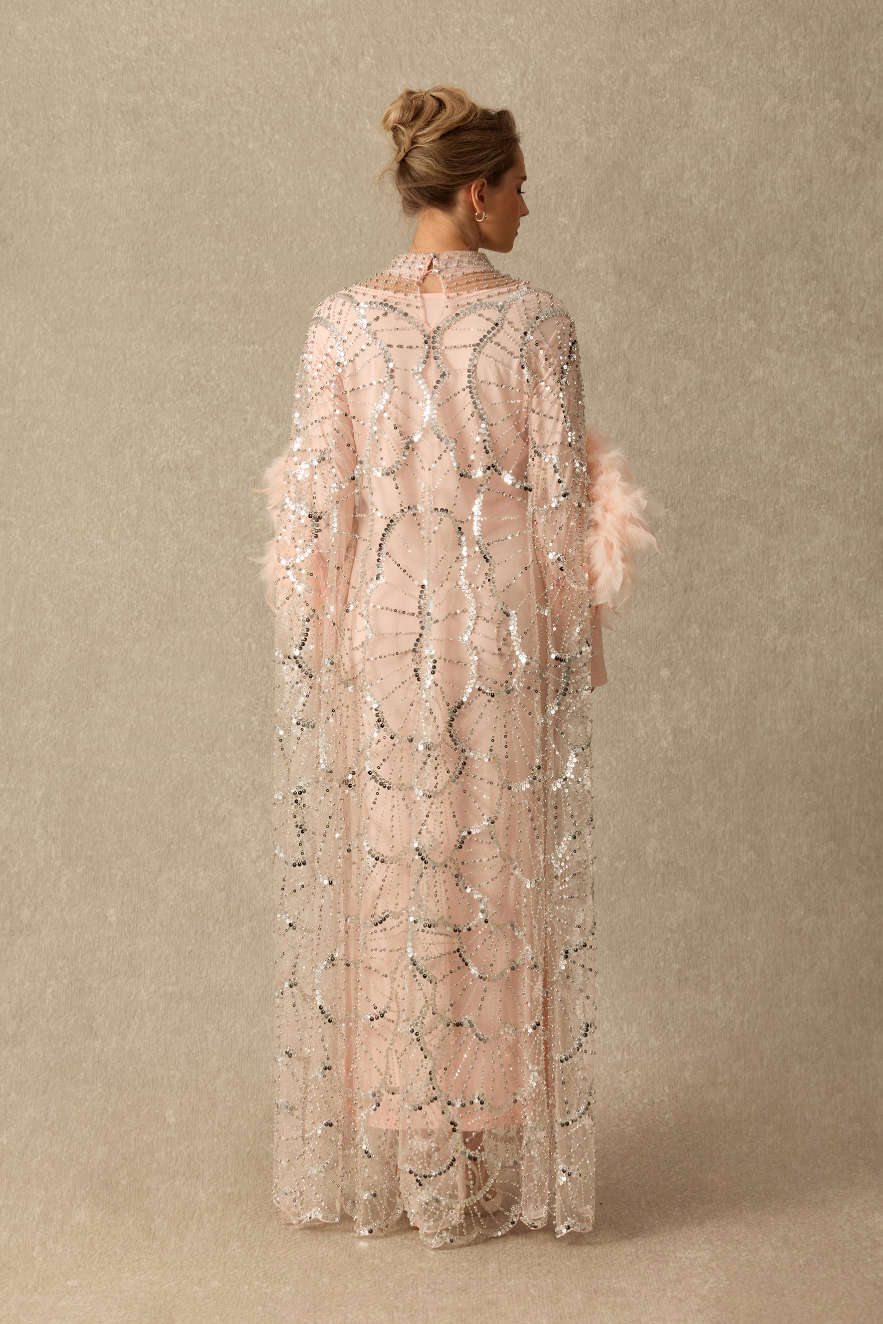All That Sparkles Feather Cuff Rhinestone Embellished Maxi Dress