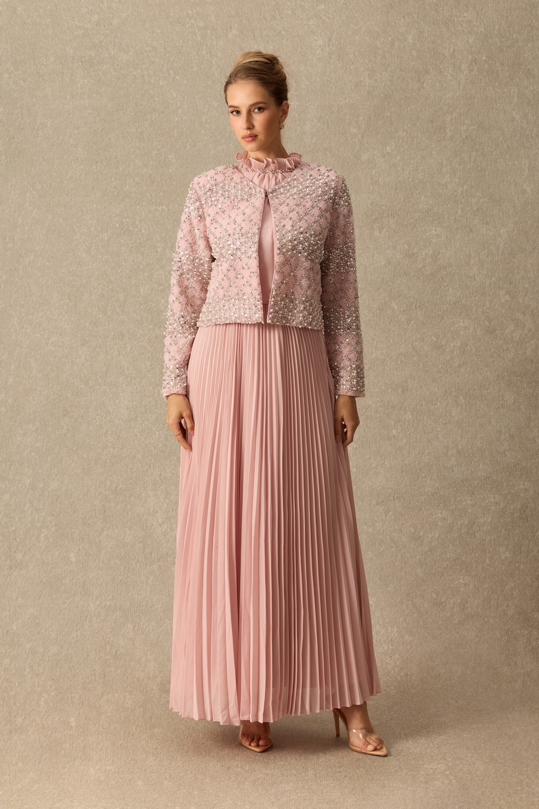 Poised Beauty Embellished Pattern Jacket & Pleated Dress Set