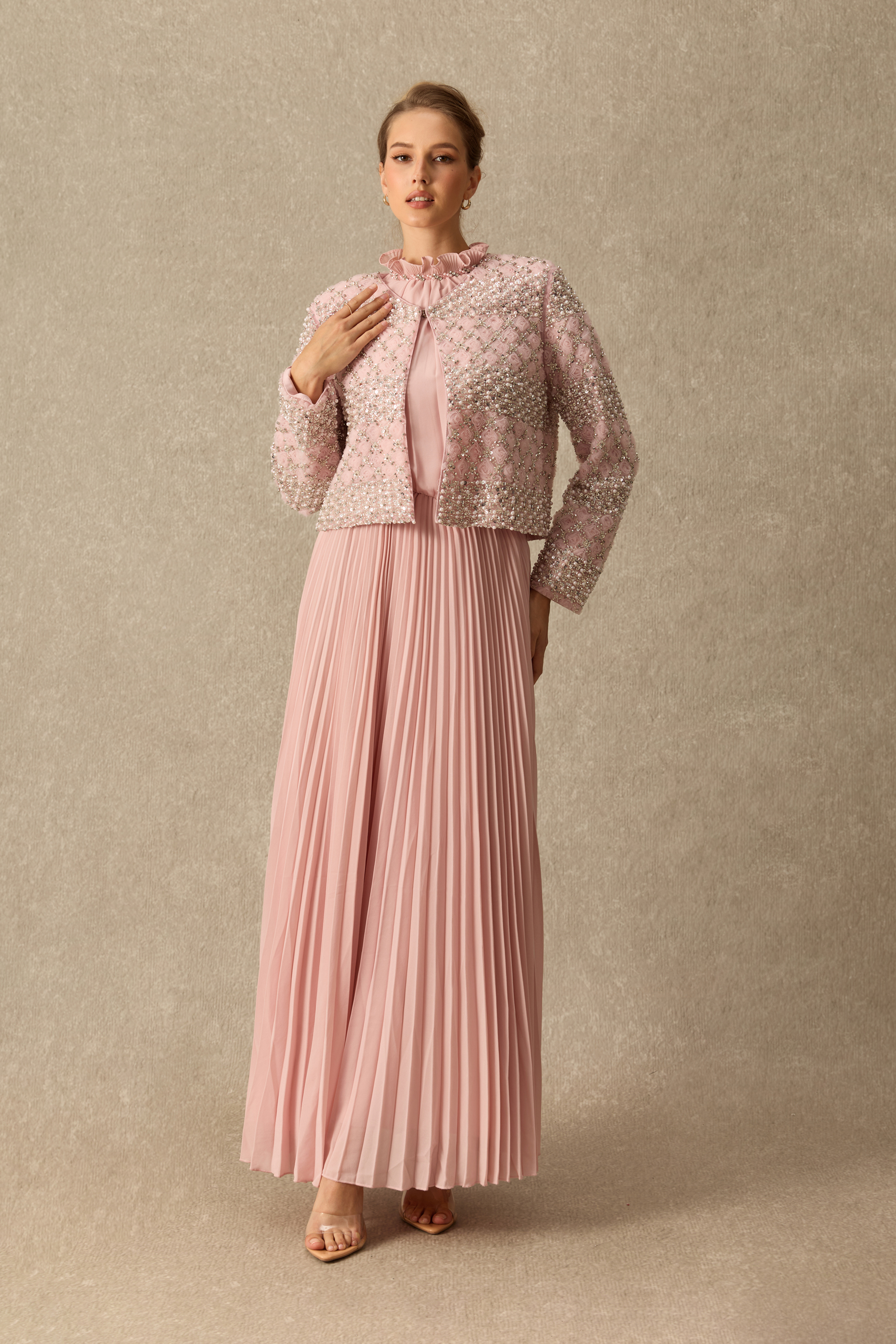 Poised Beauty Embellished Pattern Jacket & Pleated Dress Set