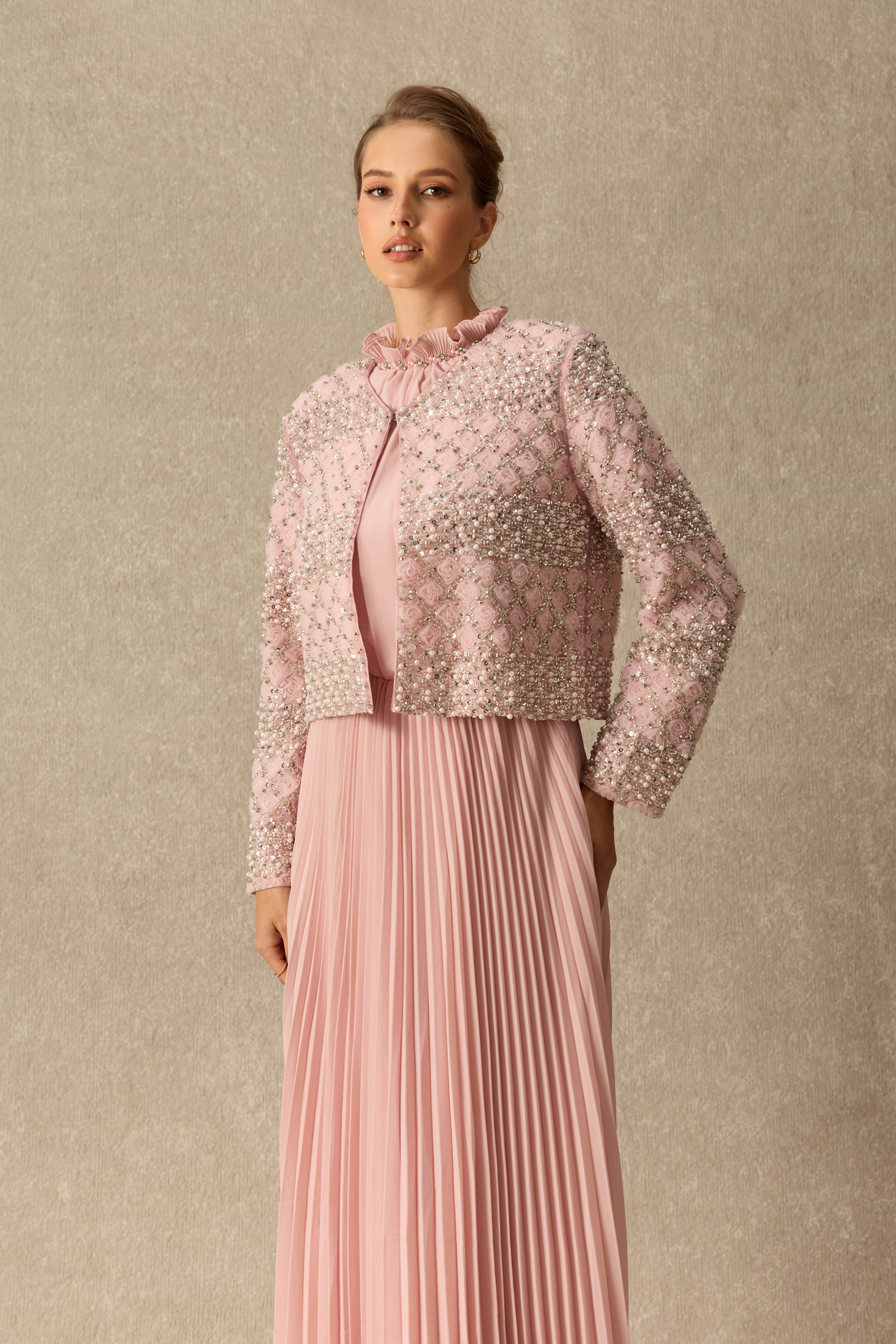 Poised Beauty Embellished Pattern Jacket & Pleated Dress Set