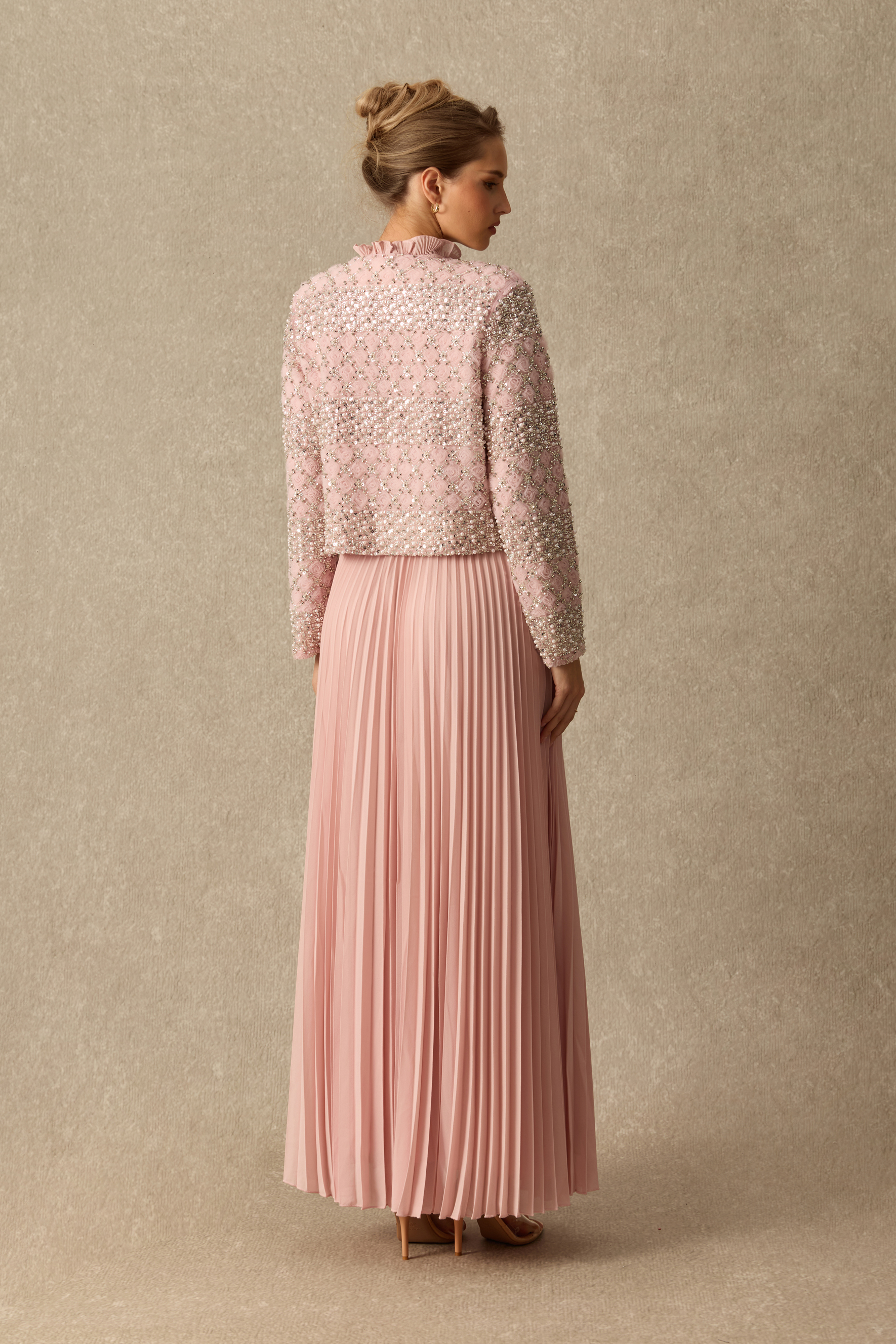 Poised Beauty Embellished Pattern Jacket & Pleated Dress Set