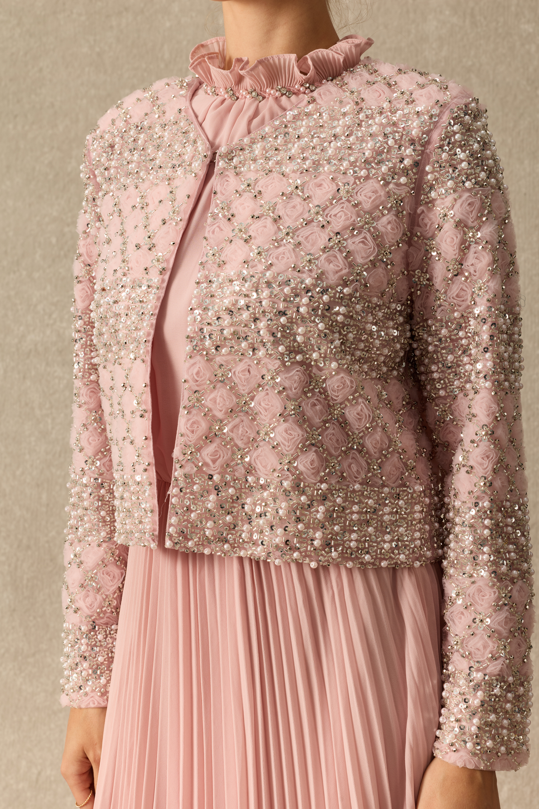 Poised Beauty Embellished Pattern Jacket & Pleated Dress Set