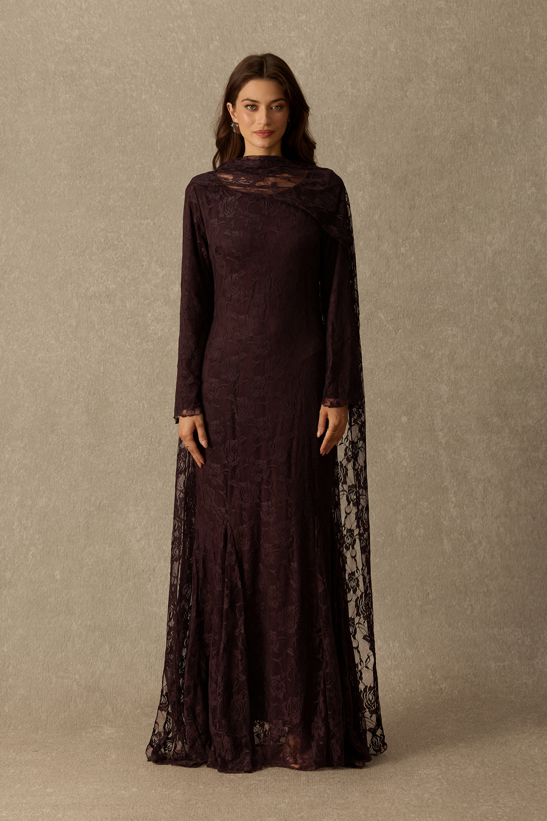 Candlelit Secrets Long Sleeve Floral Lace Maxi Dress With Scarf